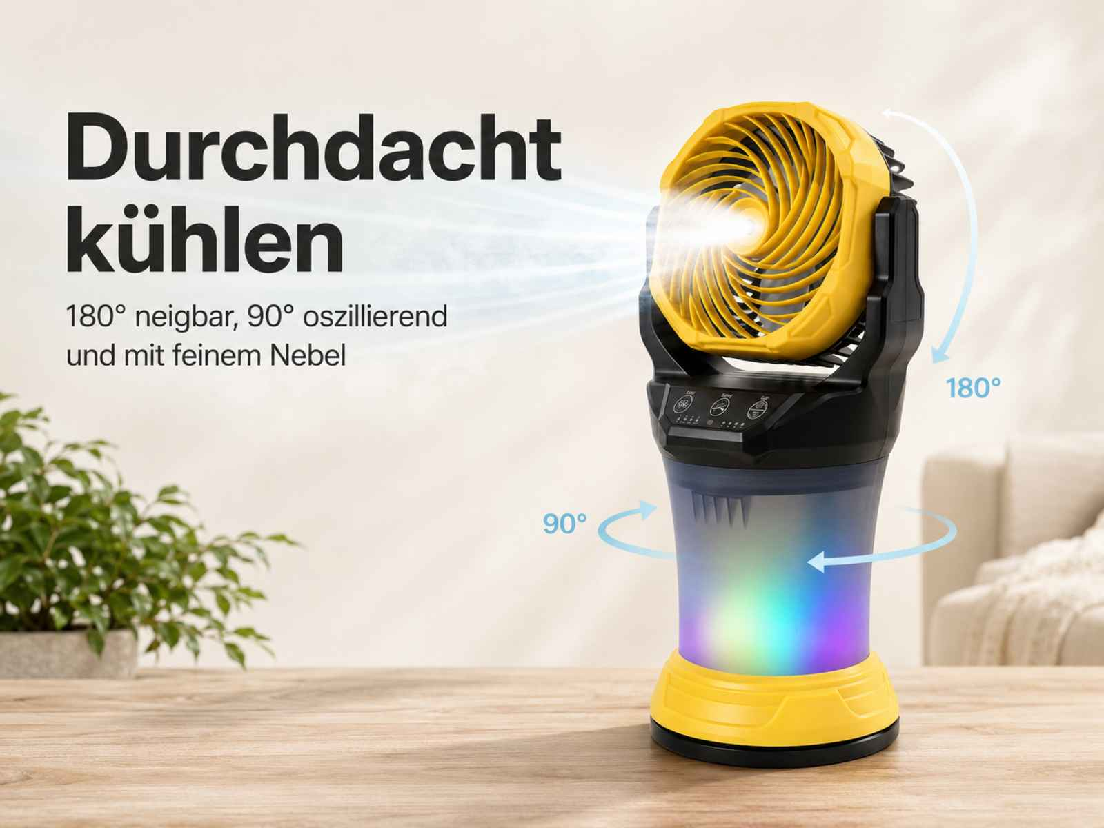 Gelber Ventilator mit Nebelfunktion, 180° neigbar, 90° oszillierend.