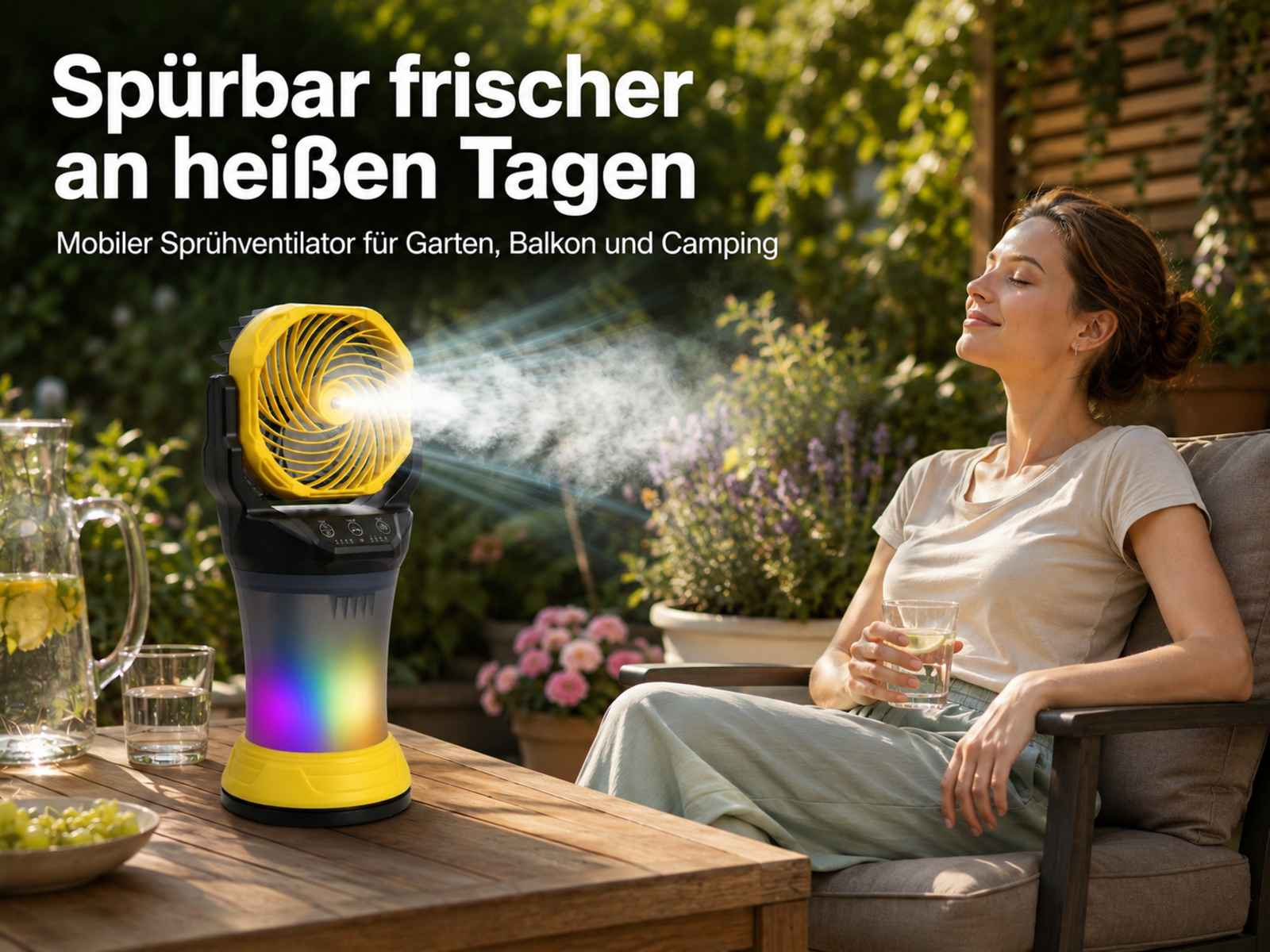 Frau sitzt im Garten, kühler durch Ventilator mit Sprühfunktion.