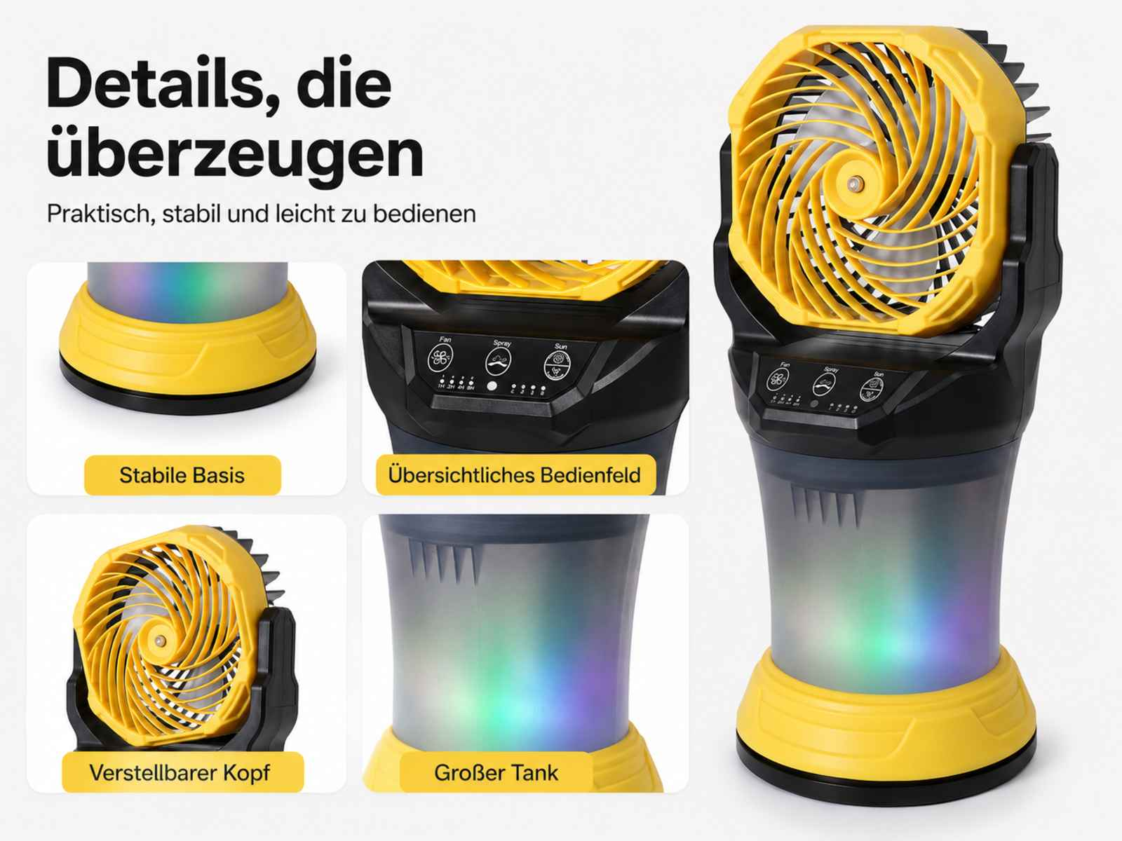 Ein gelb-schwarzer Ventilator mit LED-Tank, Bedienelementen und Detailansichten.