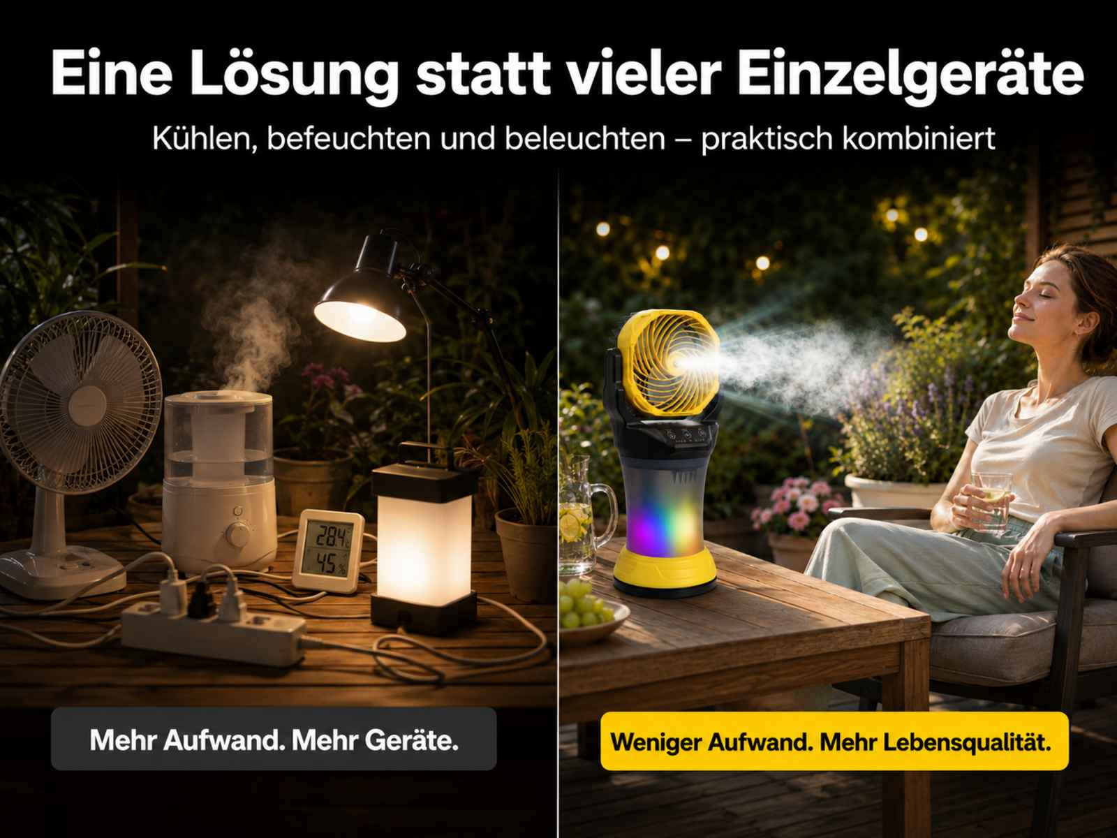 Ein Tisch mit zwei Szenen: Links Geräte, rechts eine Frau mit Ventilator.