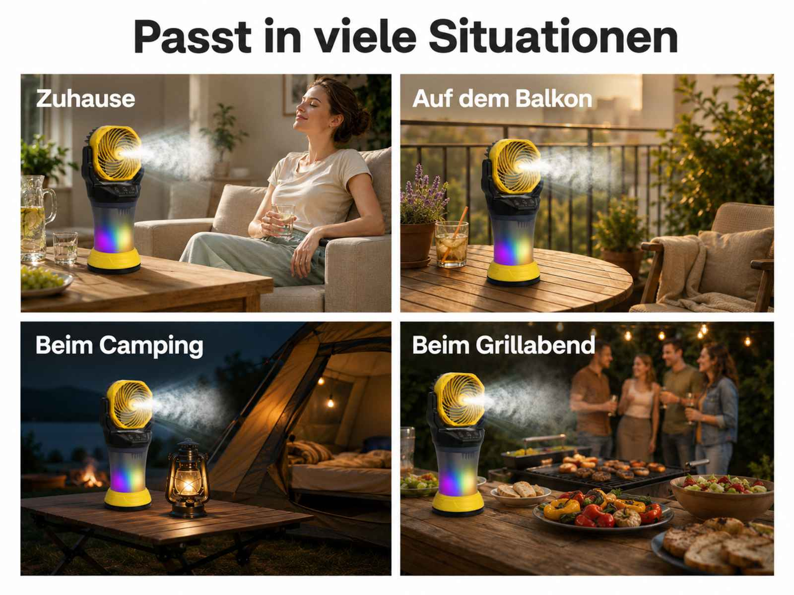 Vier Szenen zeigen einen Ventilator in verschiedenen Situationen: Zuhause, Balkon, Camping, Grillabend.