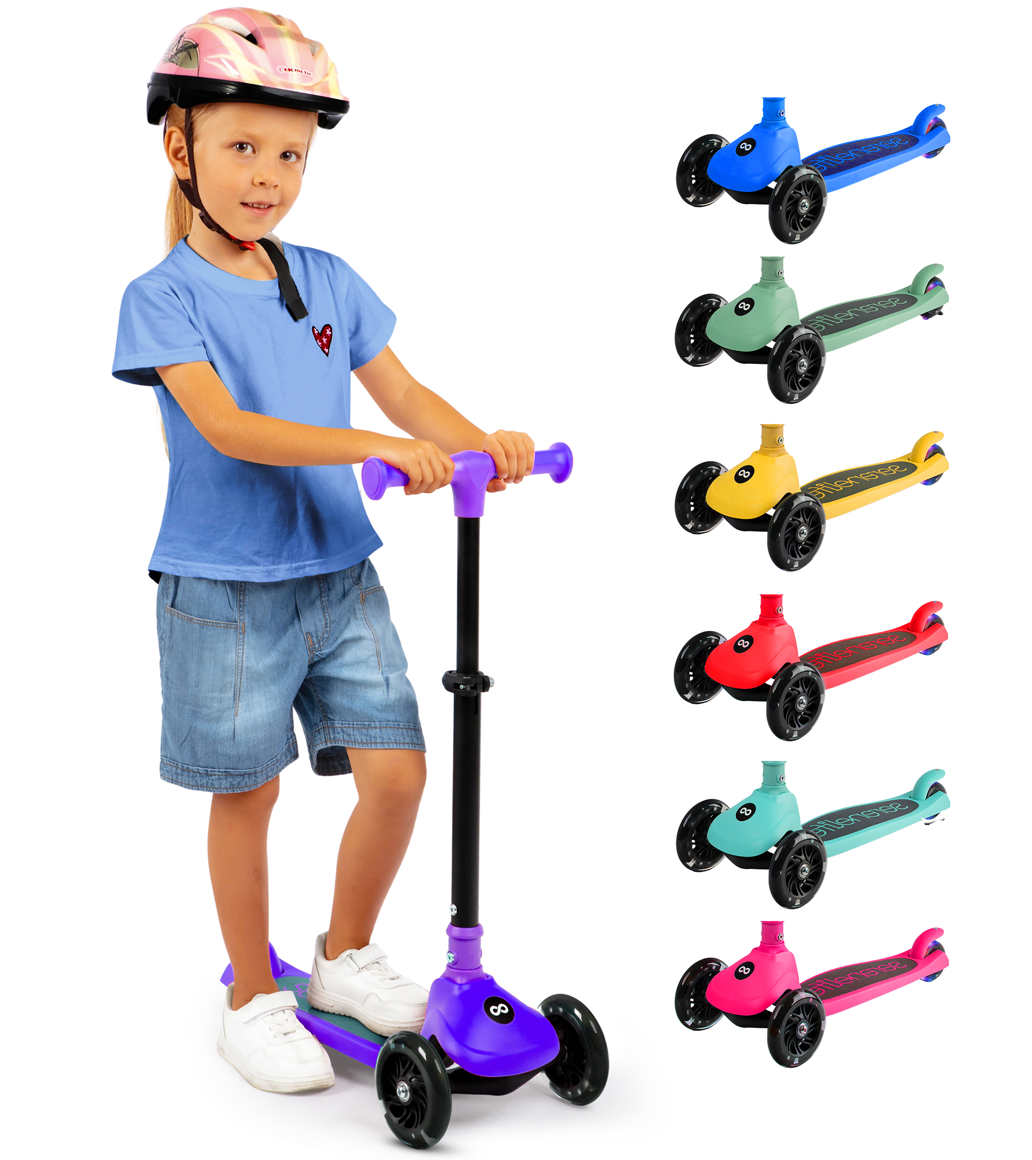 Mädchen mit Helm und lila Roller, daneben blaue, grüne, gelbe, rote, türkise, pinke Roller.