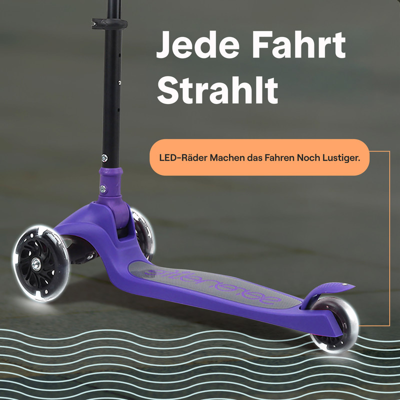 Ein violetter Roller mit leuchtenden LED-Rädern steht auf grauem Untergrund.