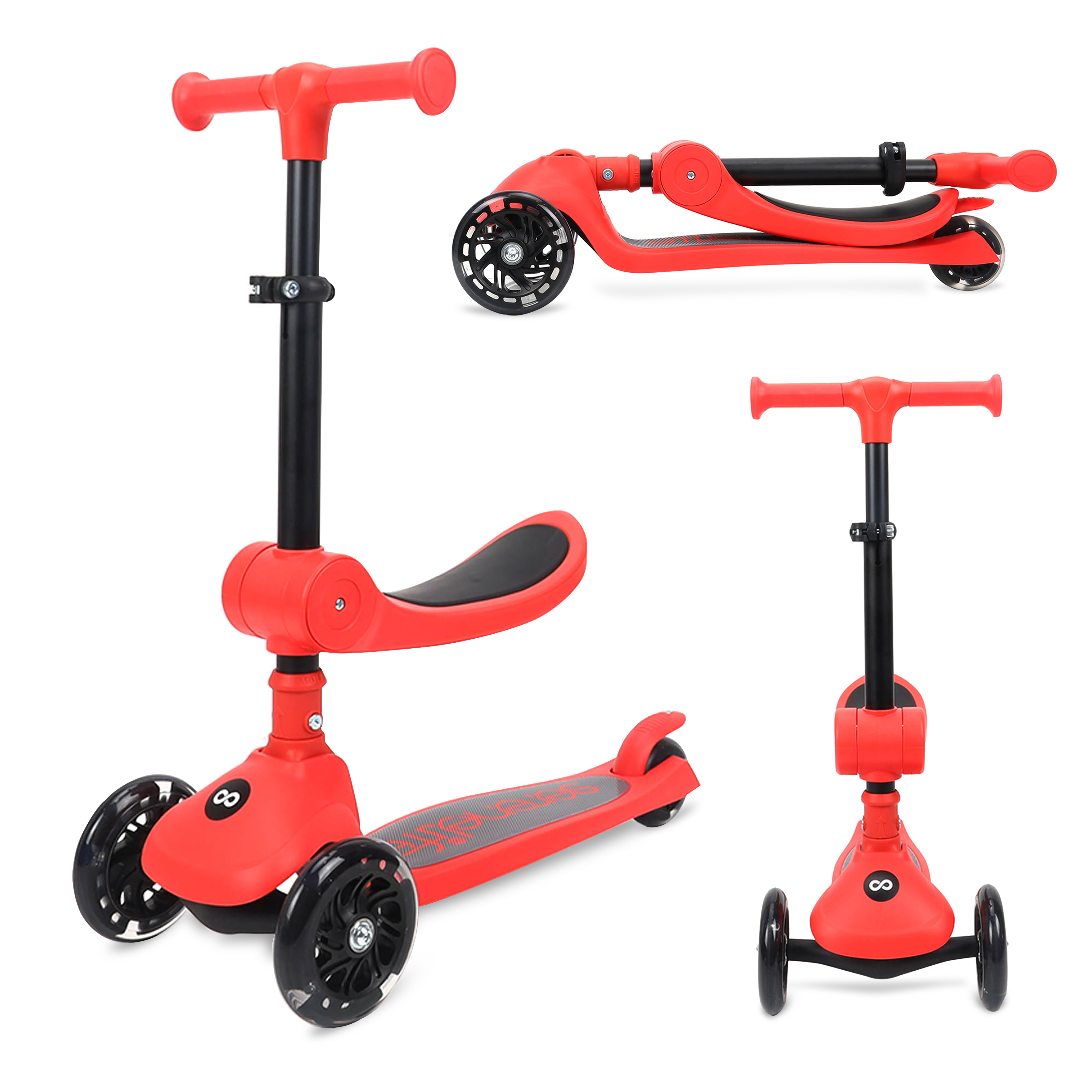 Ein roter Roller mit drei Rädern und Sitz, der in verschiedenen Positionen gezeigt wird.