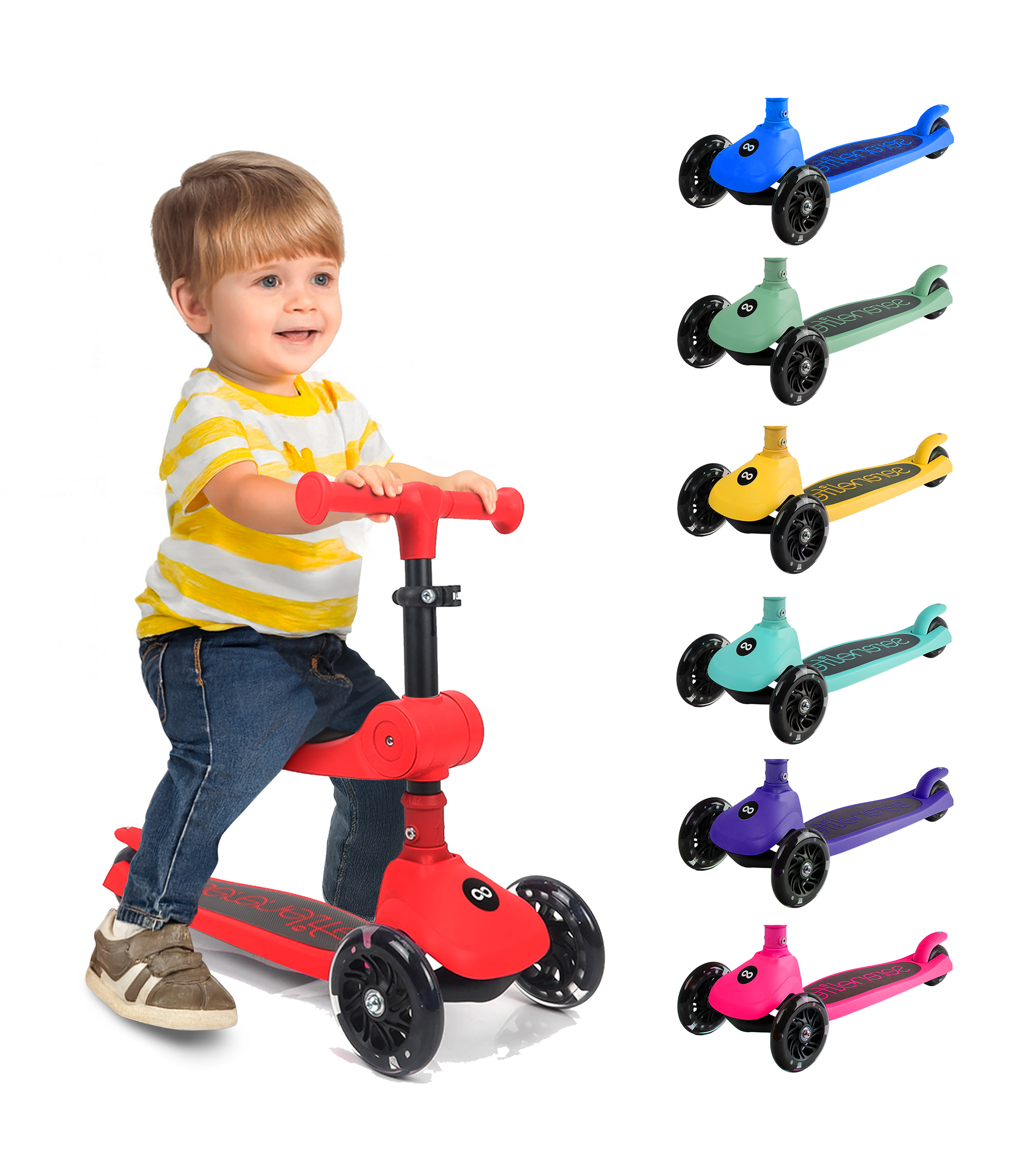 Ein Junge sitzt auf einem roten Roller. Daneben sind blaue, grüne, gelbe, türkise, violette und rosa Roller.