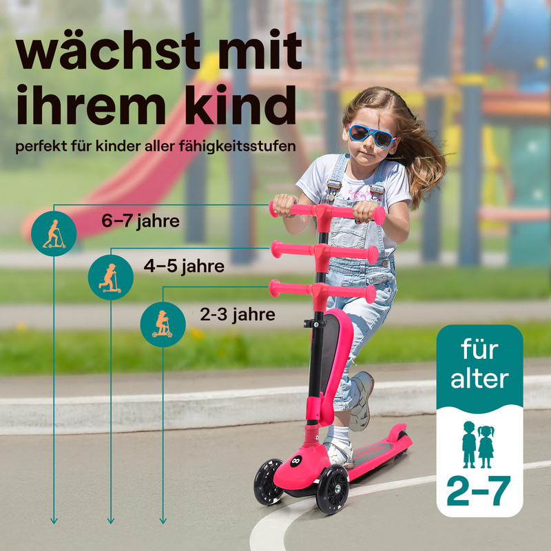 Ein Mädchen fährt einen pinken Roller mit drei Rädern. Beschriftung zeigt Altersgruppen.