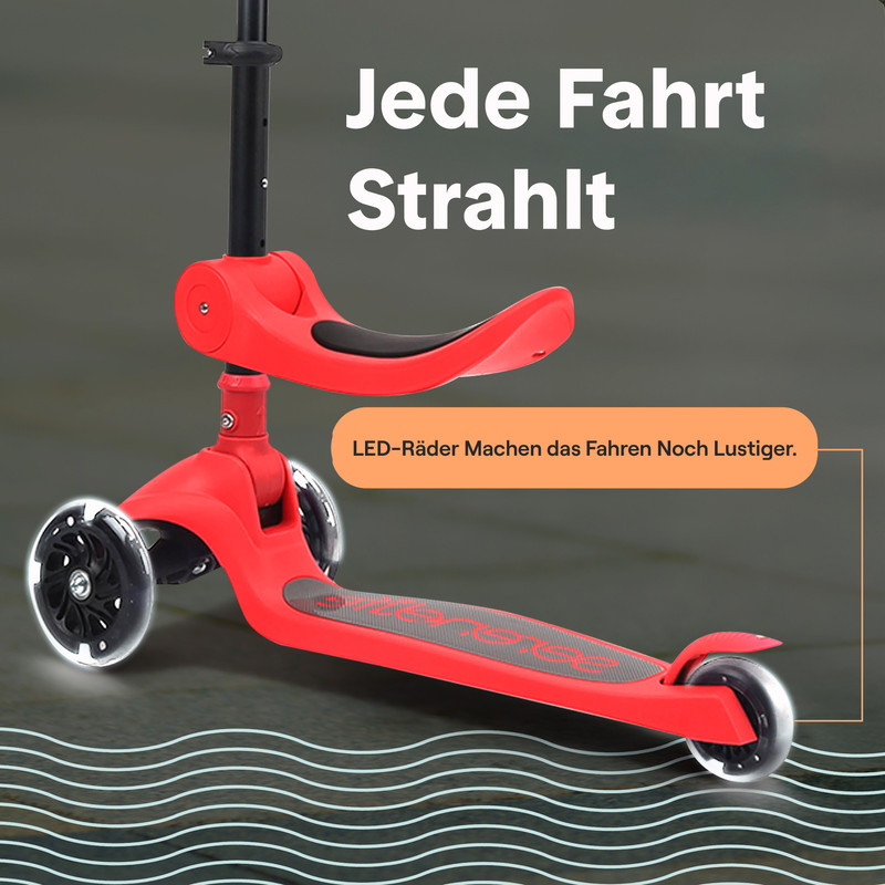 Ein roter Dreirad-Roller mit LED-Rädern und einem abnehmbaren Sitz.