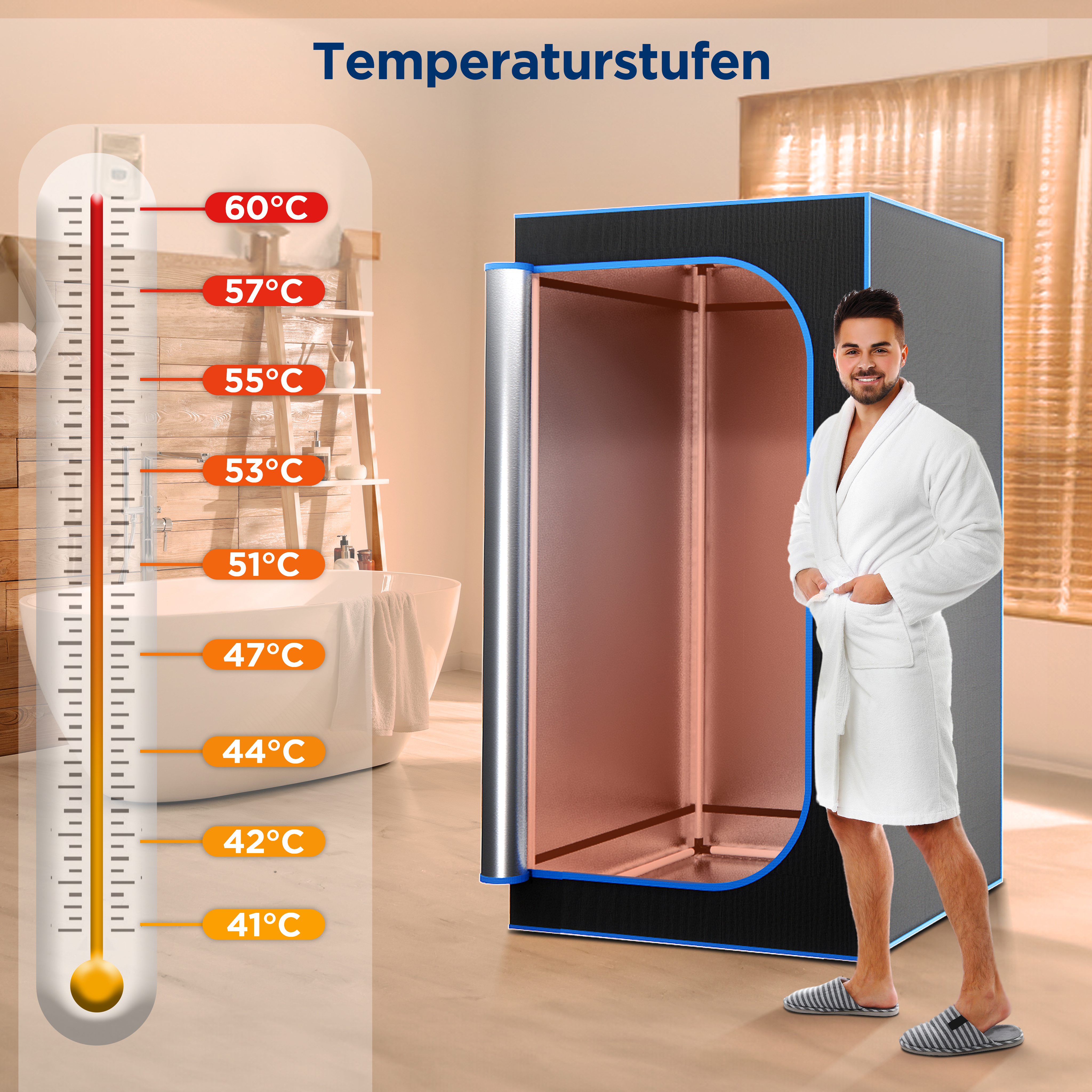 Mann in weißem Bademantel neben einer Sauna mit Temperaturanzeige.
