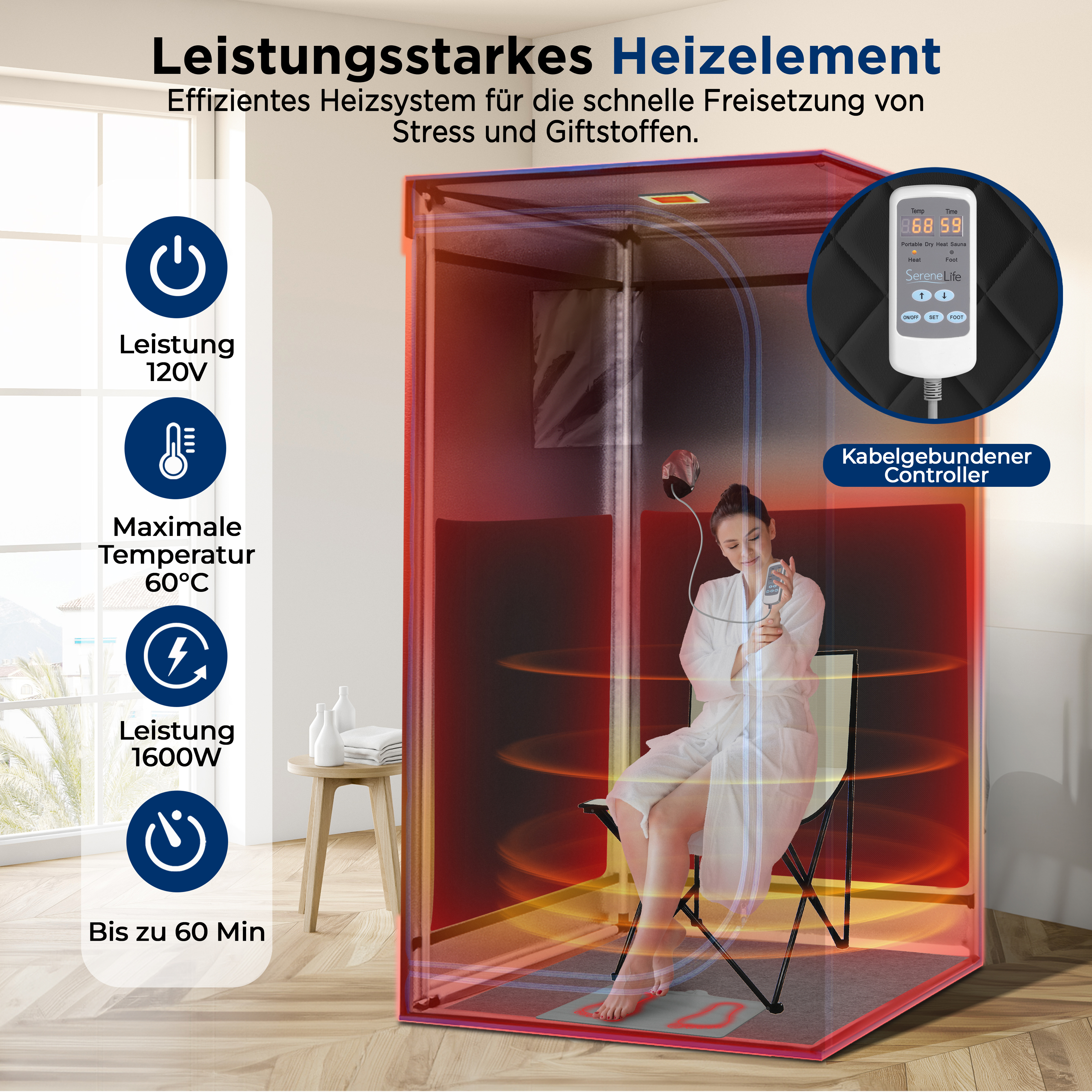 Frau in einem weißen Bademantel sitzt in einer tragbaren Sauna und hält einen Controller.