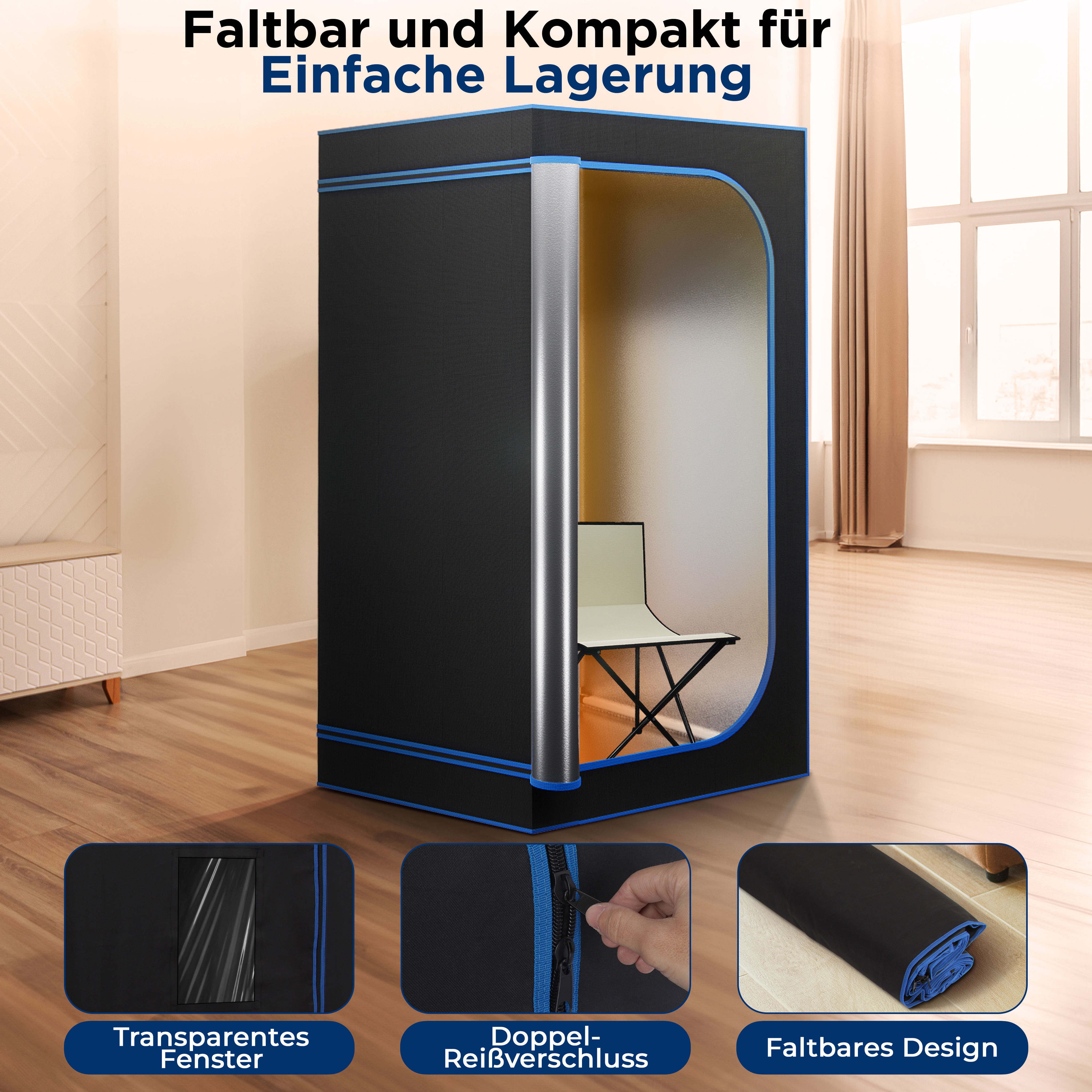 Ein schwarzer, faltbarer Raum mit Fenster und Stuhl darin. Detailansichten zeigen das Fenster, den Reißverschluss und das gefaltete Design.