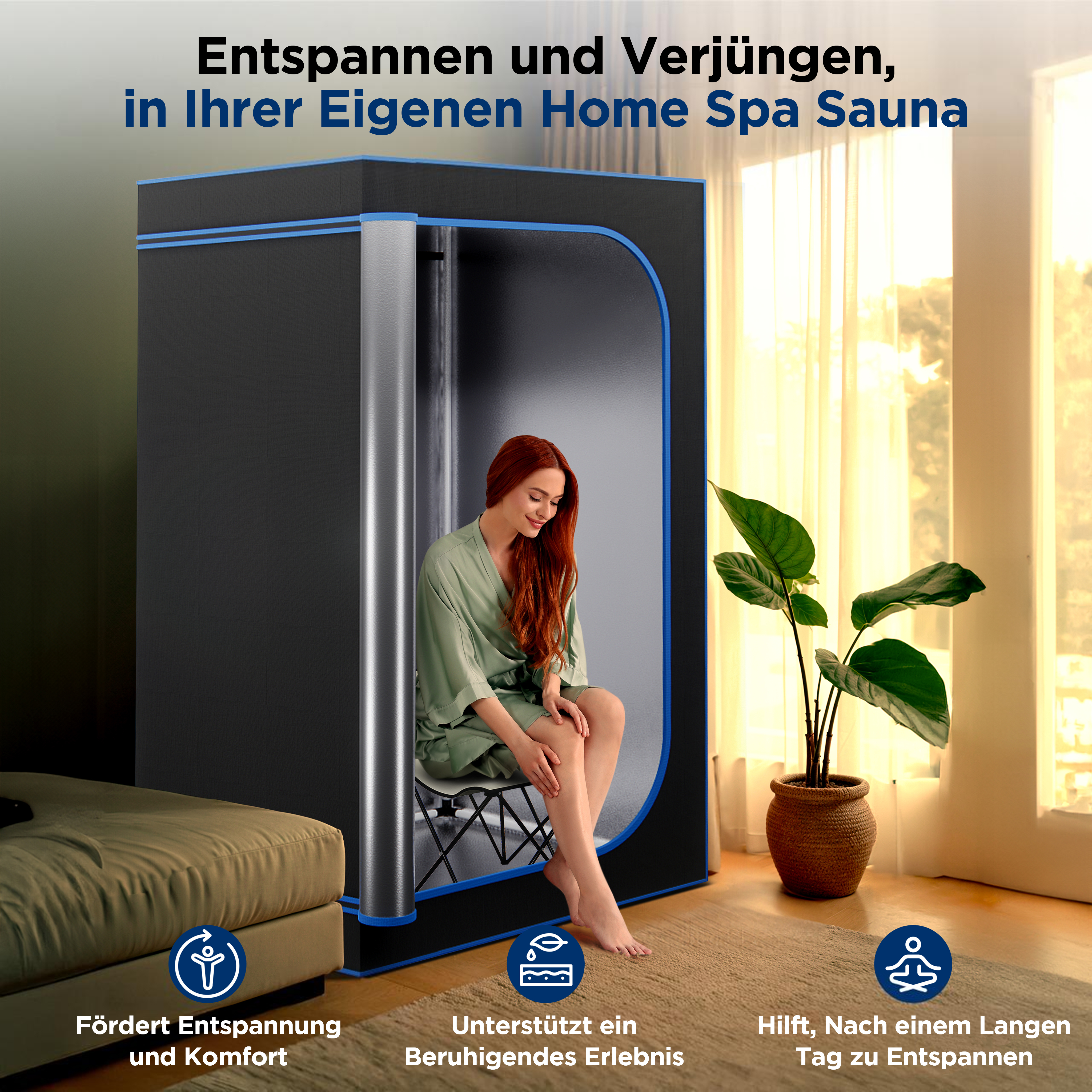 Frau in Saunakabine, entspannt sitzend, mit Pflanzen und Sofa im Raum.