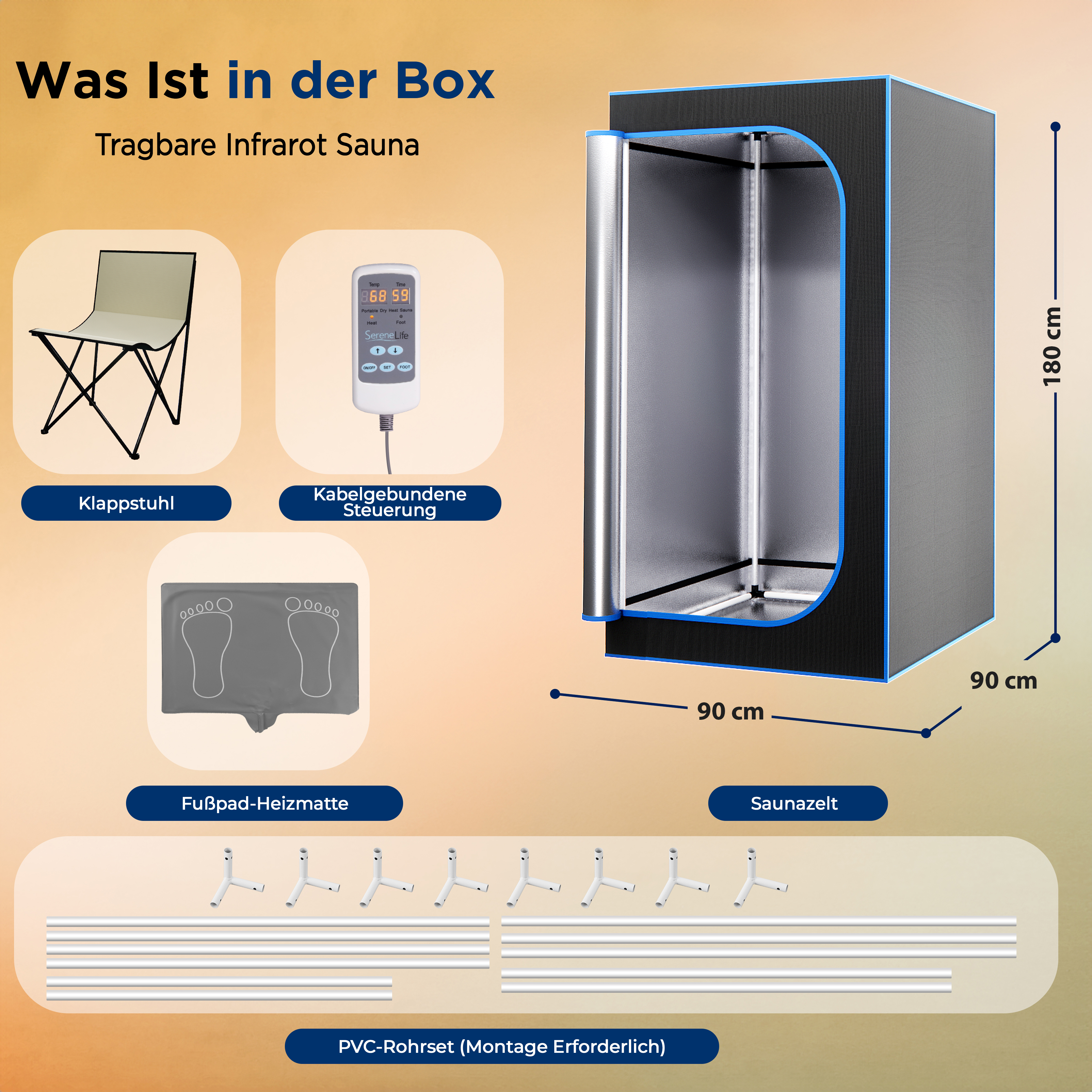 Tragbare Infrarot-Sauna mit Klappstuhl, Heizmatte, Steuerung, Rohren.