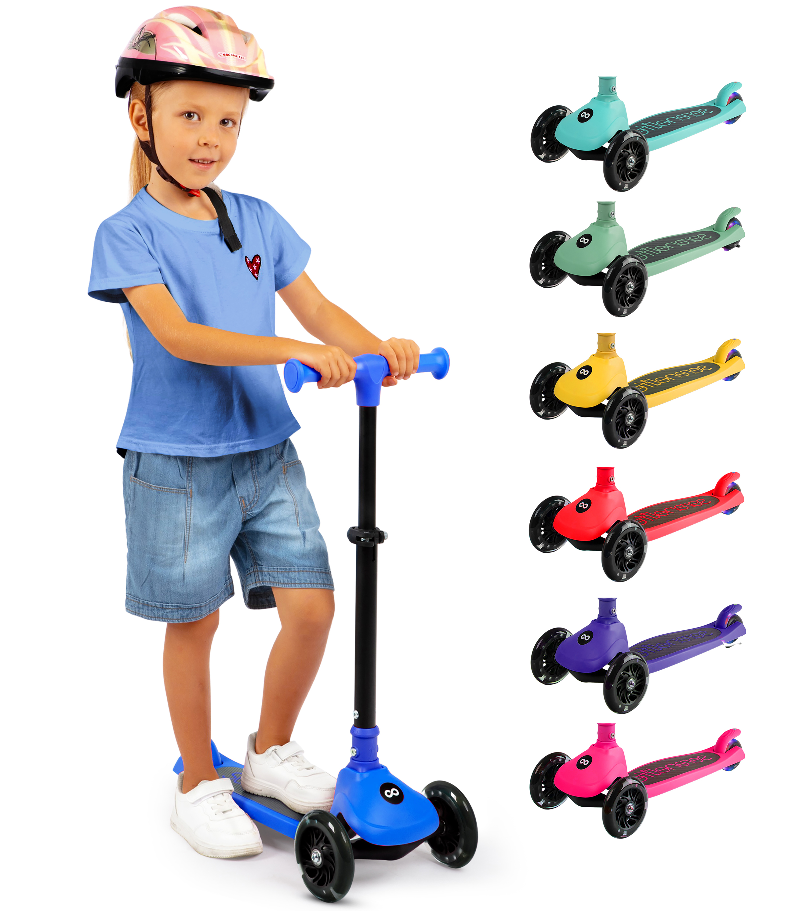 Ein Mädchen in Helm und Jeansshorts fährt einen blauen Roller. Mehrere Roller in versch. Farben daneben.