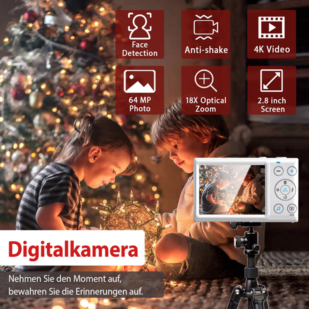 Digitalkamera mit Kindern und Weihnachtsbaum. Funktionen: Gesichtserkennung, 4K Video.