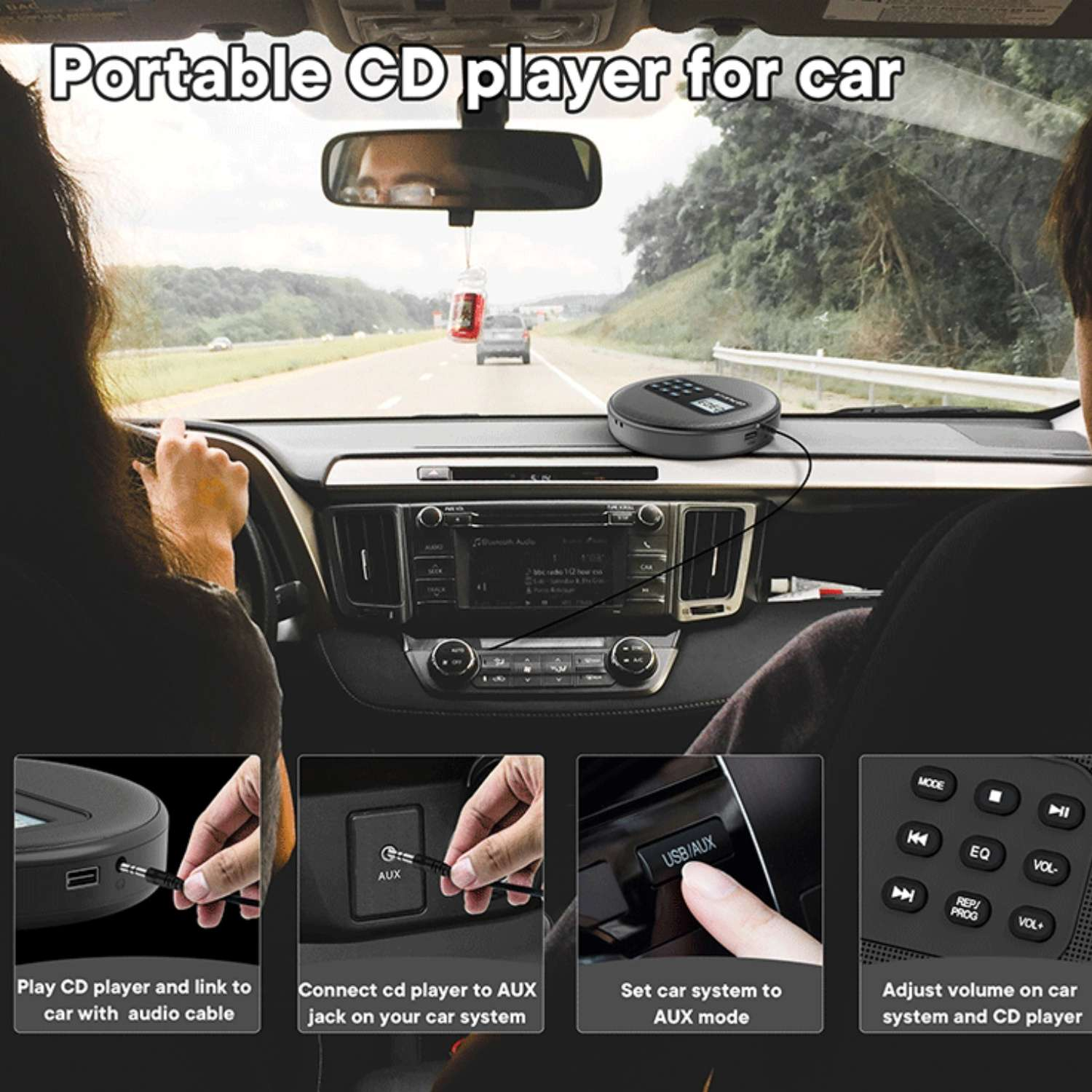 Autoinnenraum mit portablem CD-Player und Anschlussanleitung über AUX.