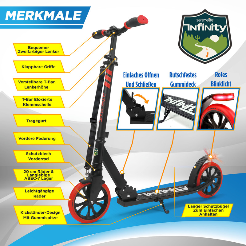Ein schwarzer Roller mit roten Akzenten und Beschriftungen, die Merkmale hervorheben.