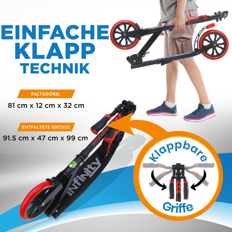 Ein schwarzer Roller mit roten Akzenten, zusammenklappbar. Maße angegeben.
