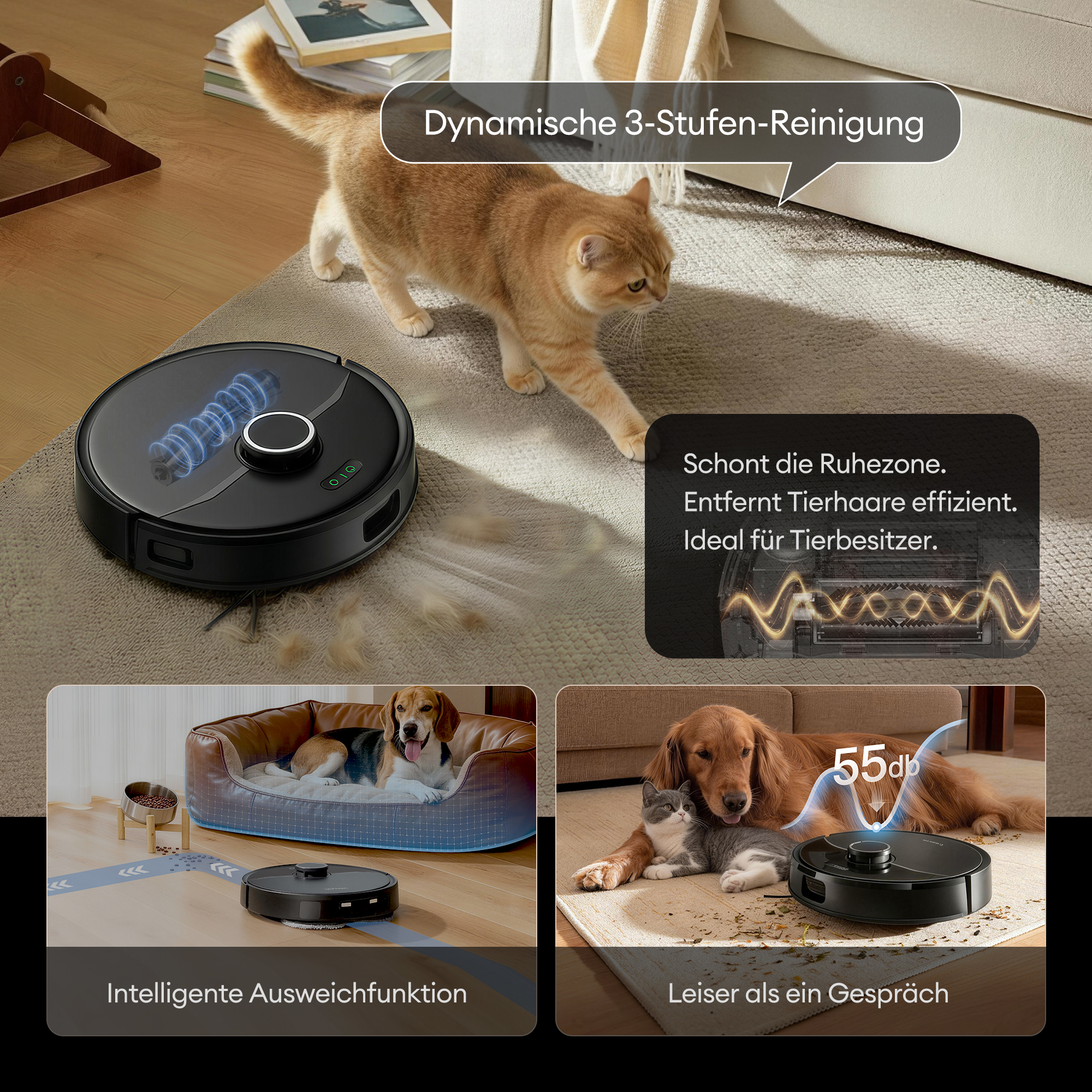 Ein Saugroboter reinigt Teppich, während eine Katze vorbeigeht. Unten: Hunde und Katze ruhen, Roboter reinigt leise.