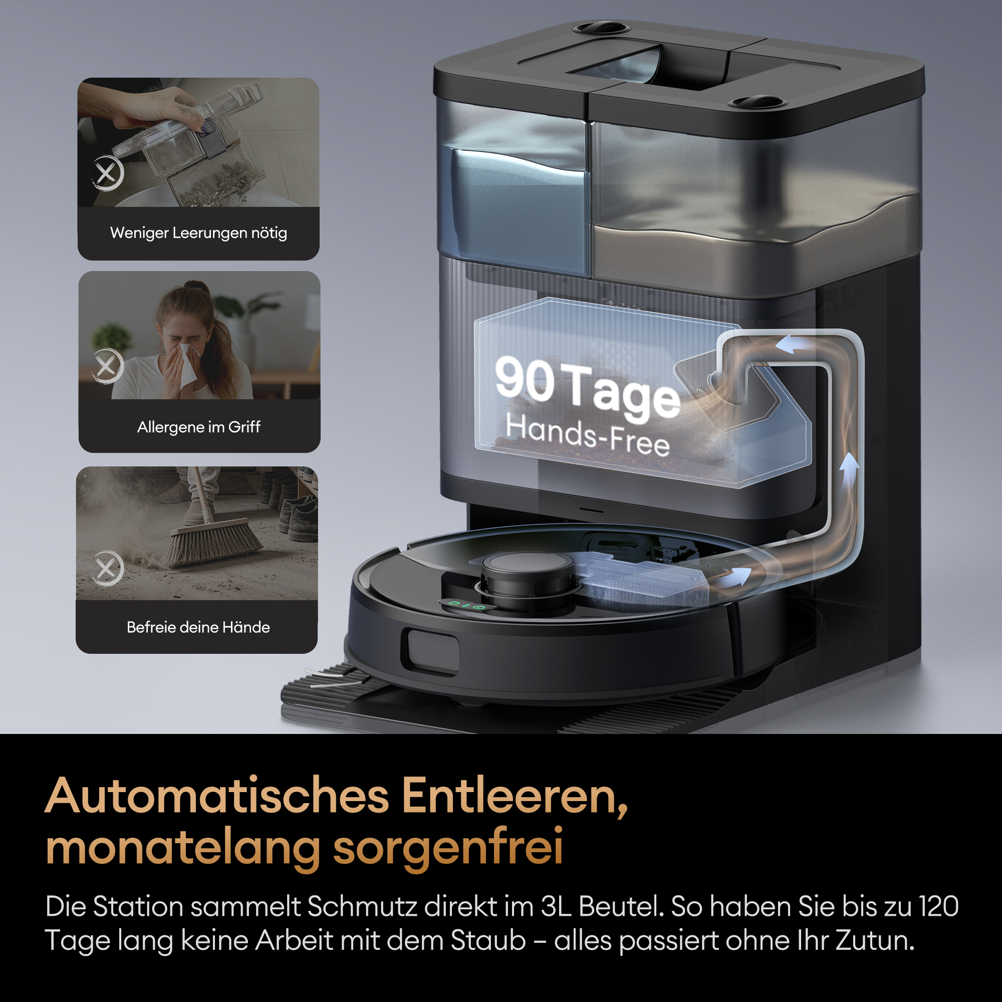 Roboterstaubsauger-Station mit automatischer Entleerung für 90 Tage Hands-Free.
