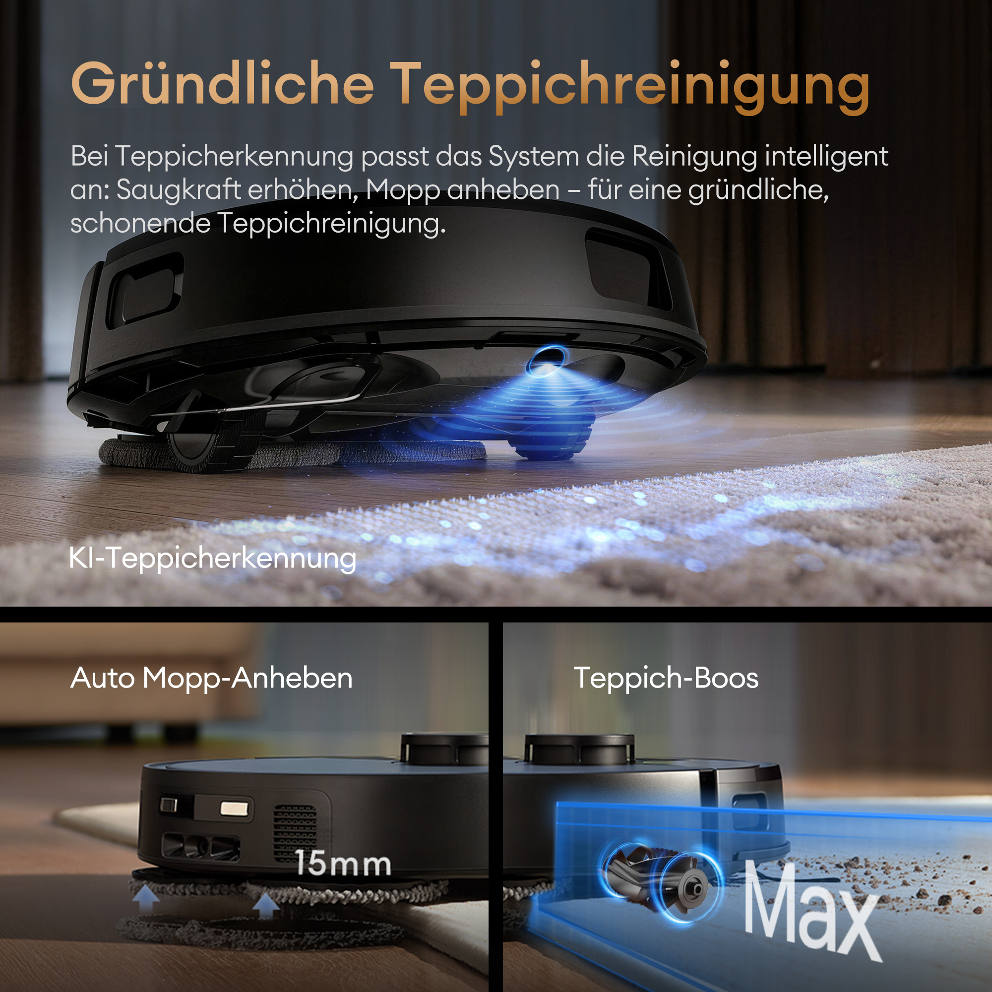 Schwarzer Saugroboter reinigt Teppich mit KI-Erkennung und Mopp-Anhebung.