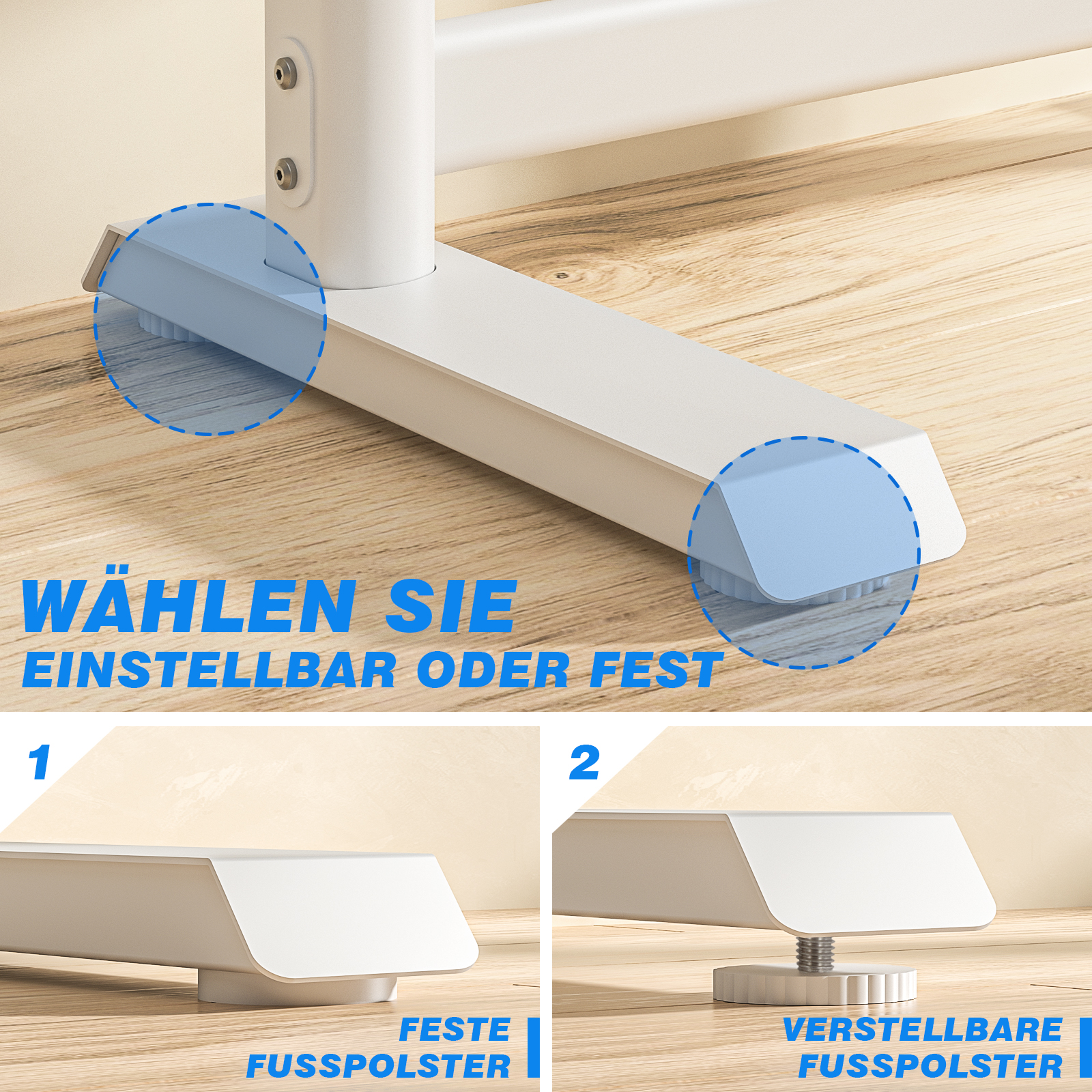Detailansicht von zwei Tischbein-Optionen: fest und verstellbar.