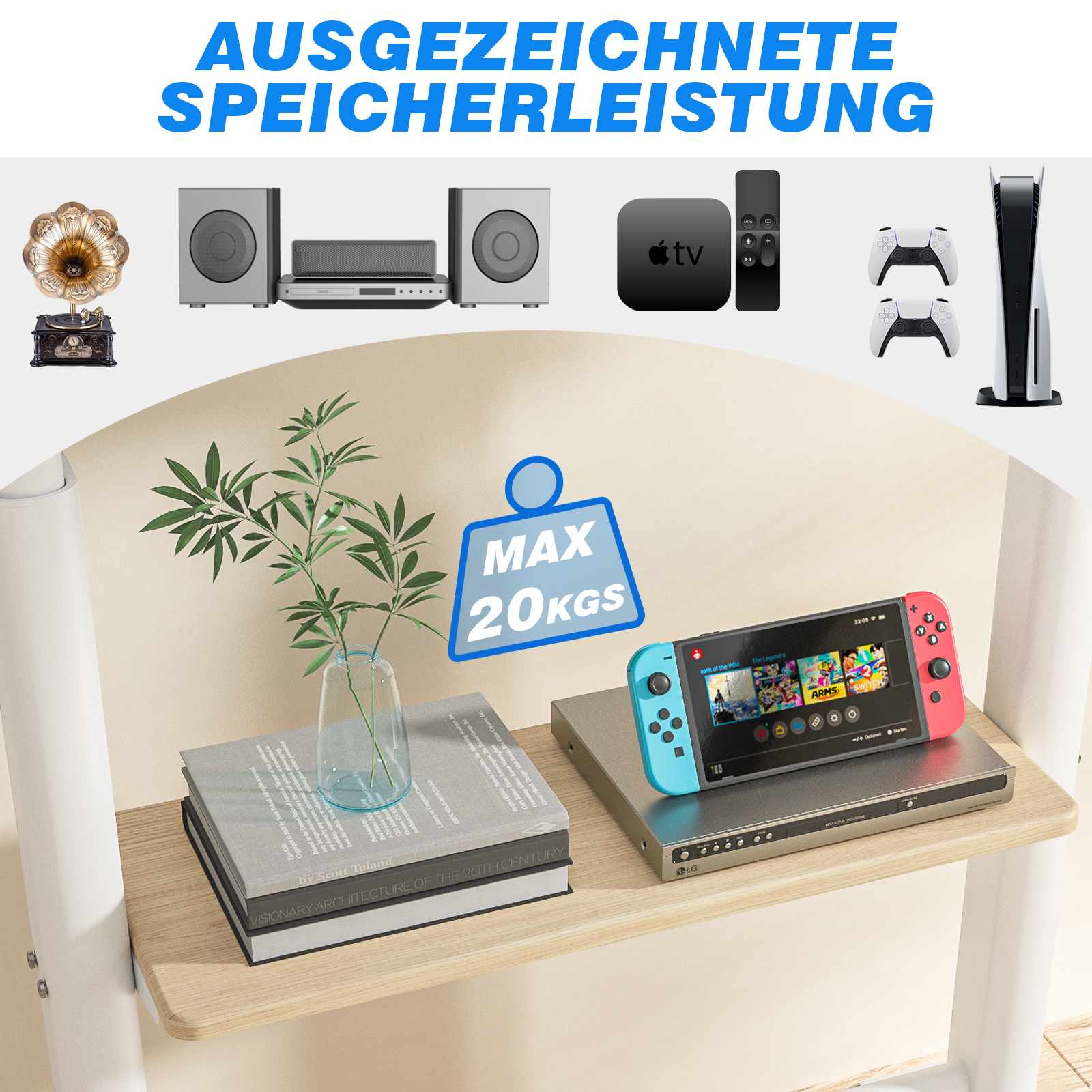 Elektronik: Plattenspieler, Lautsprecher, Apple TV, Controller, Konsole, Switch, Bücher.