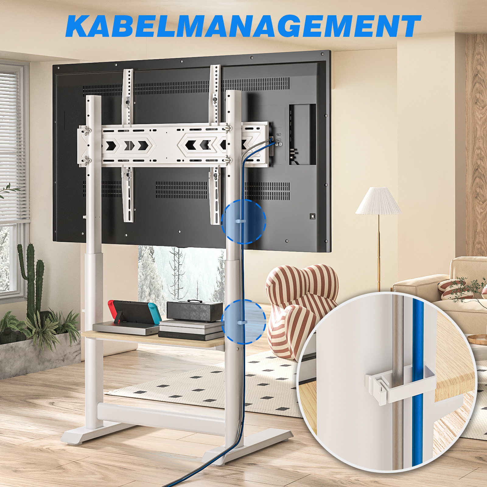 Ein freistehender TV-Ständer mit Kabelmanagement, der einen großen Fernseher und Spielekonsolen aufbewahrt.