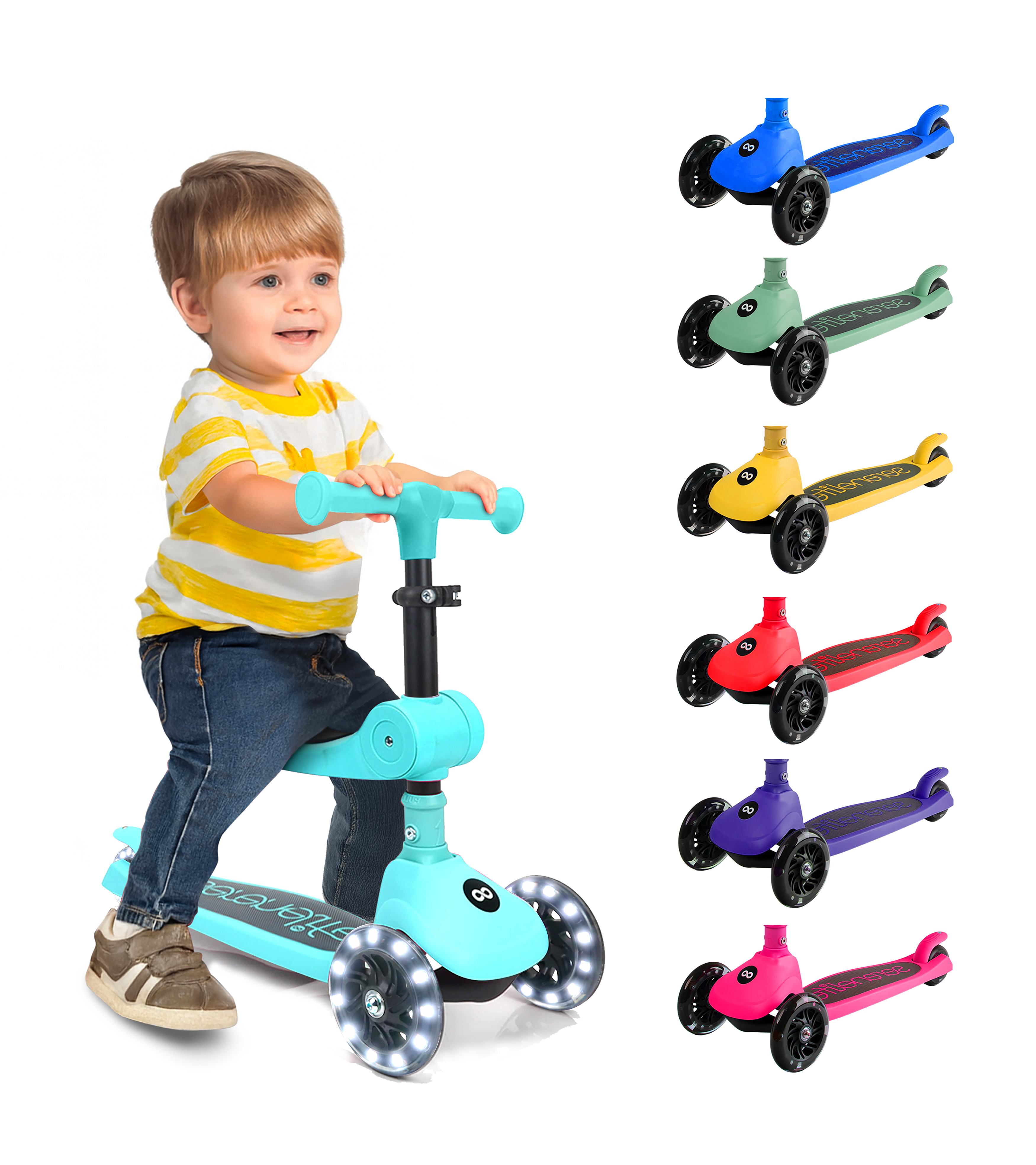 Ein Junge sitzt auf einem türkisfarbenen Roller mit leuchtenden Rädern. Daneben sind Roller in Blau, Grün, Gelb, Rot, Lila und Pink.
