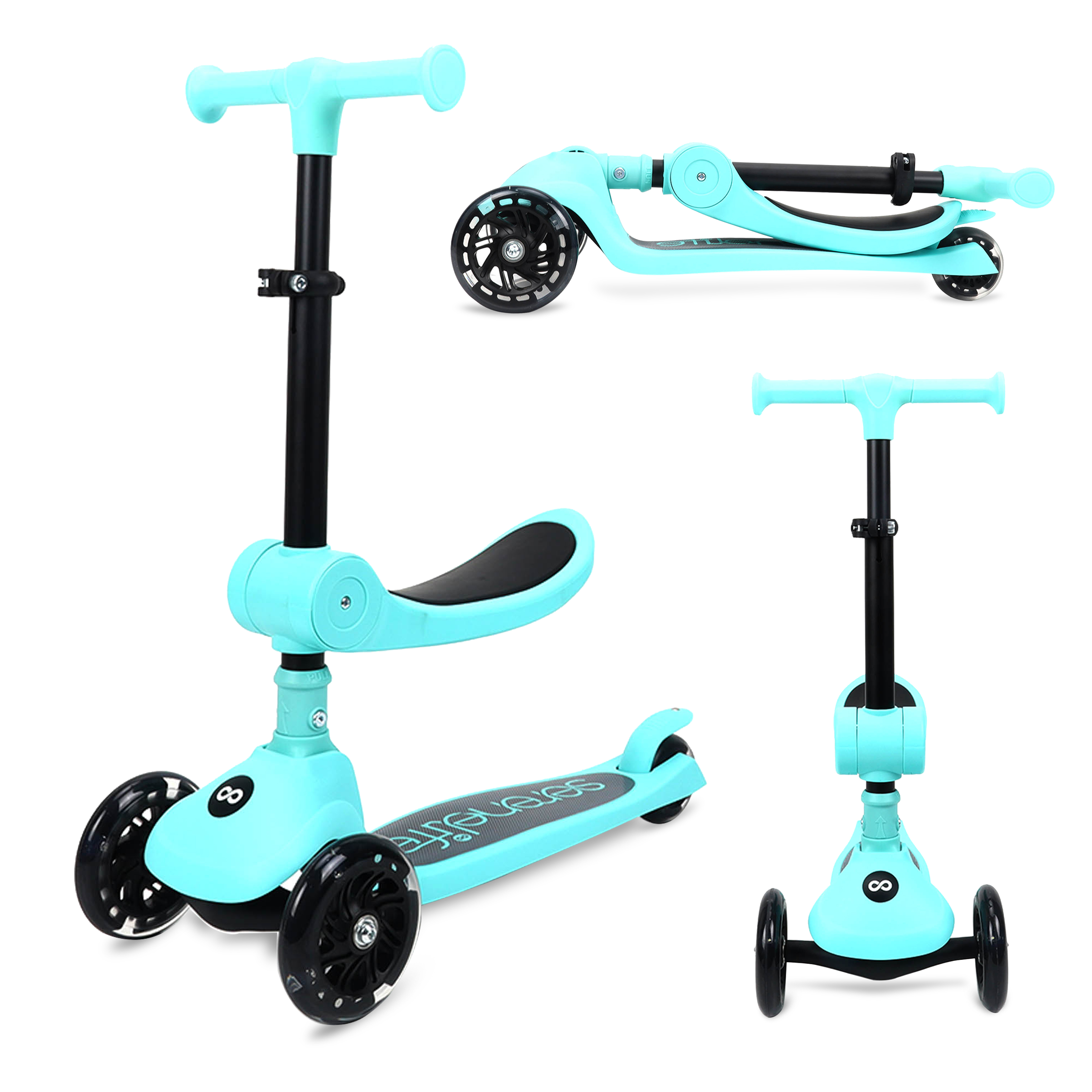 Ein türkisfarbener Roller mit drei Rädern, Sitz und verstellbarem Lenker.