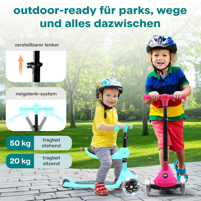 Zwei Kinder auf Rollern in einem Park. Eines auf einem pinken Roller, das andere auf einem blauen.
