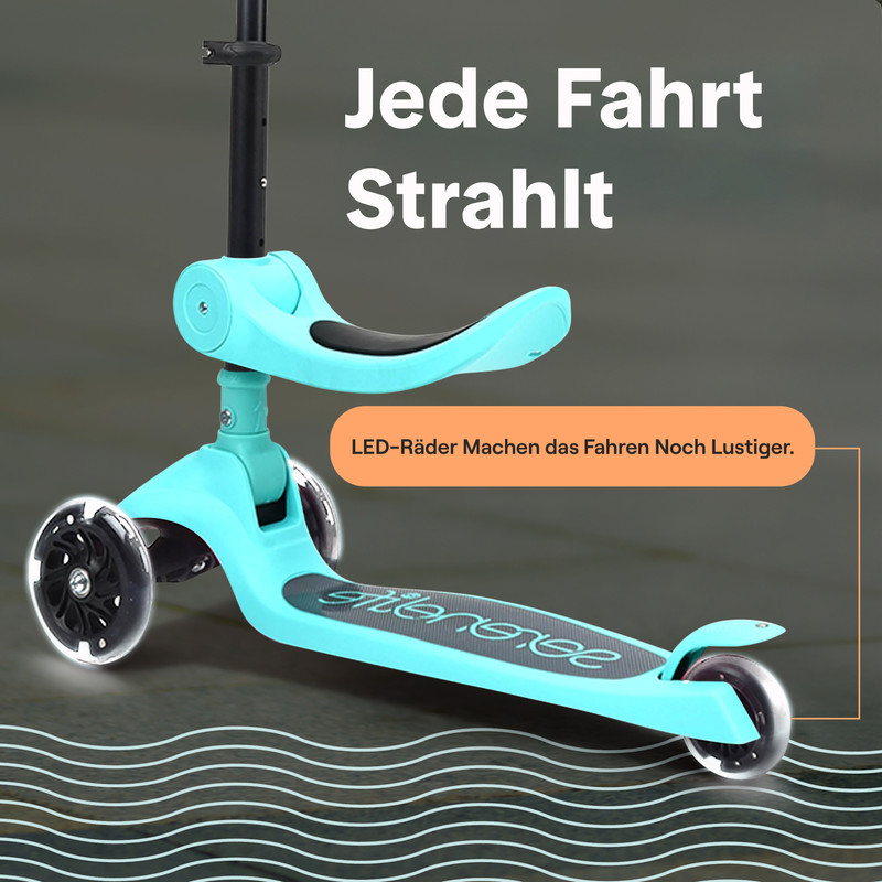 Ein türkisfarbener Roller mit Sitz und leuchtenden LED-Rädern, vor einem dunklen Hintergrund mit Wellenlinien.