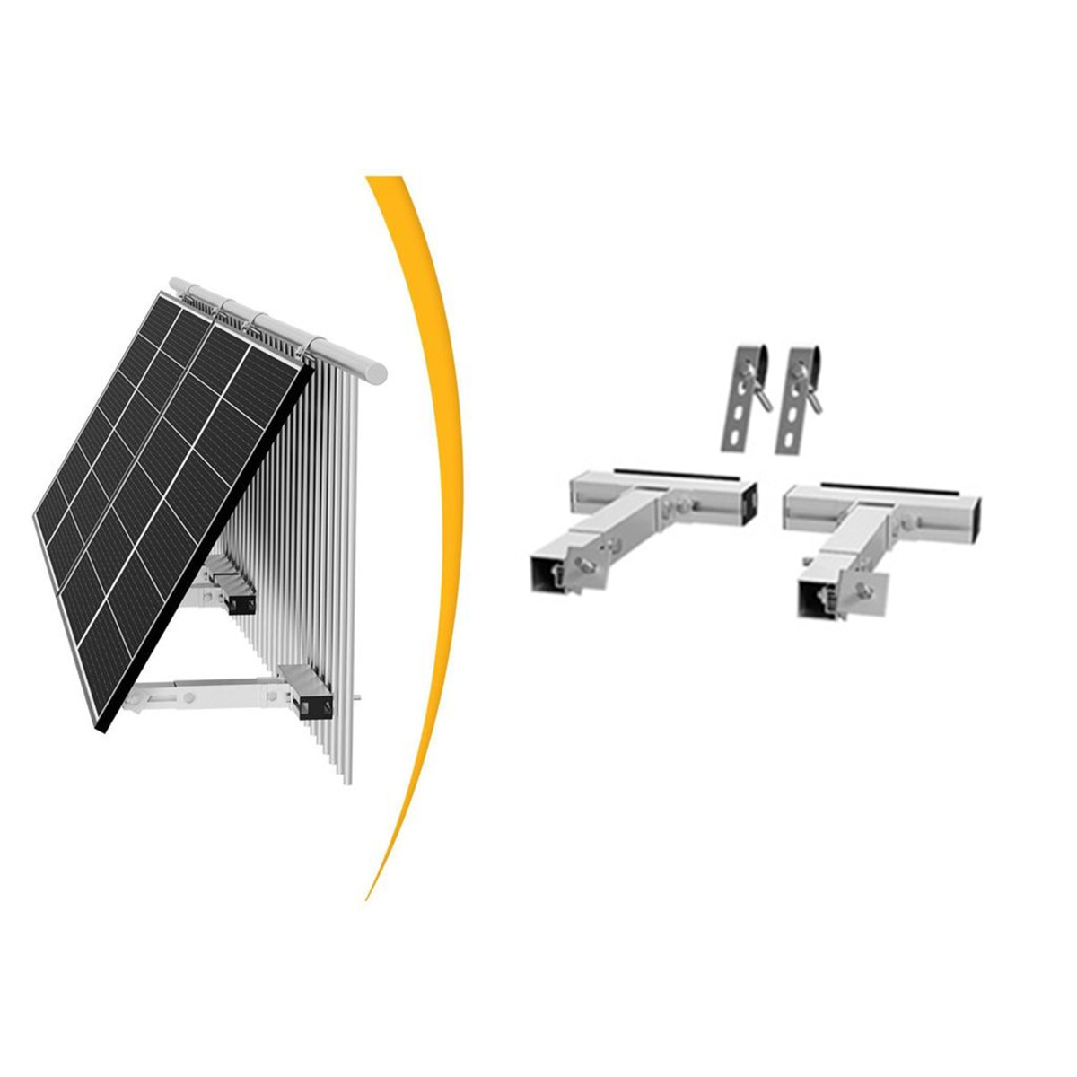 Solarmodul auf Halterung neben Montagezubehör.