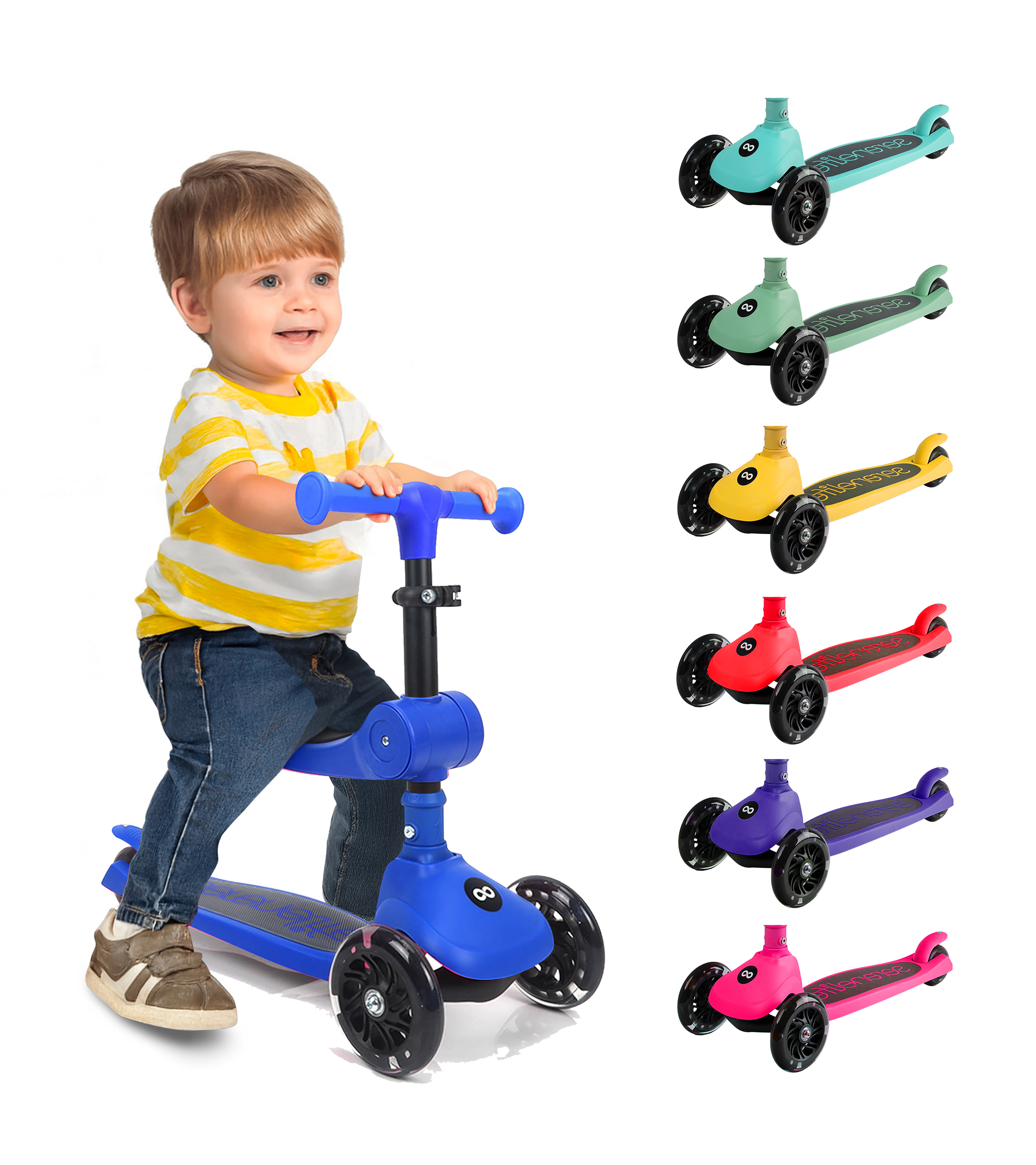 Ein Junge sitzt auf einem blauen Roller. Daneben sind Scooter in Türkis, Grün, Gelb, Rot, Lila und Pink.