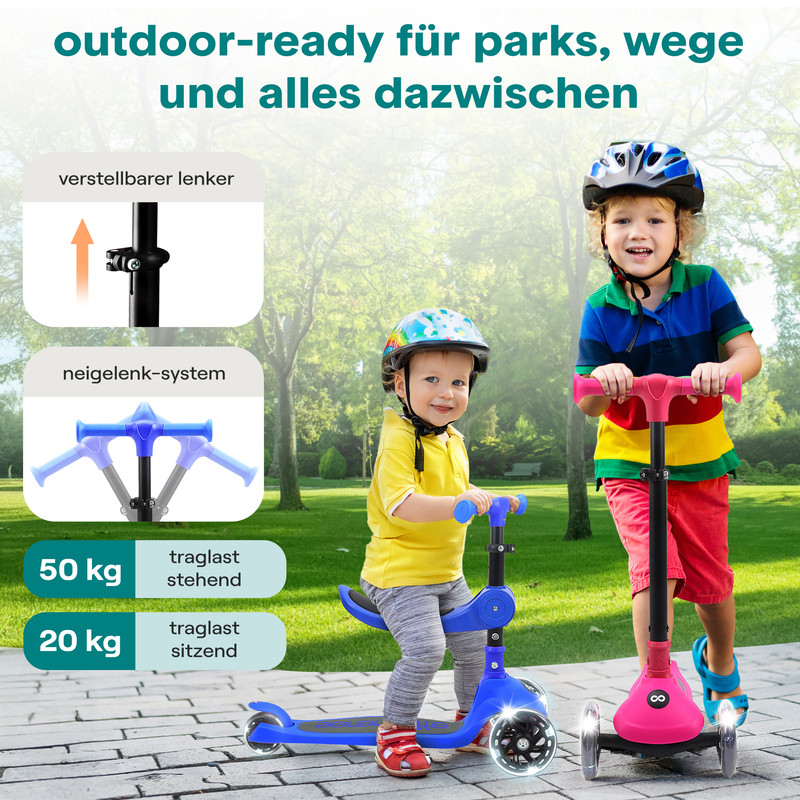 Zwei Kinder auf bunten Rollern im Freien, mit technischen Details.