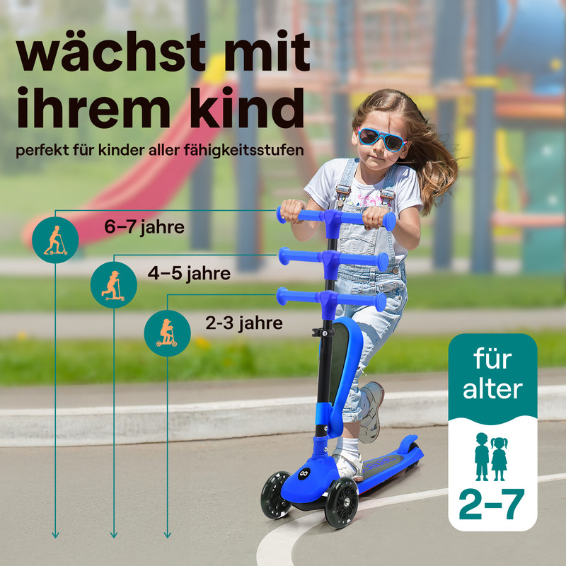 Ein Mädchen fährt einen blauen Roller mit verstellbarem Lenker, für 2-7 Jahre.