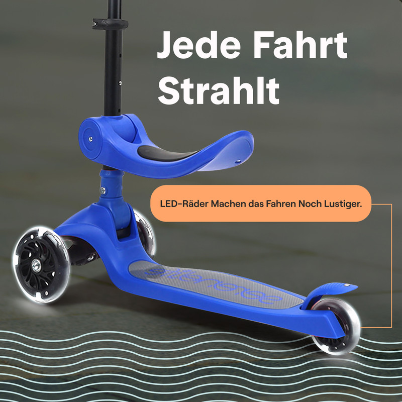 Blauer Dreirad-Roller mit LED-Rädern und abnehmbarem Sitz.