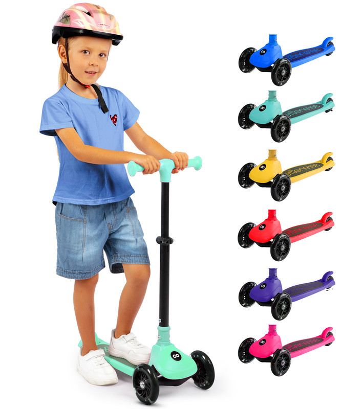 Ein junges Mädchen mit Helm steht auf einem mintgrünen Roller, rechts sind sechs weitere bunte Roller abgebildet.