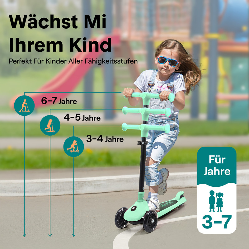 Ein Mädchen auf einem mintgrünen Roller mit 3 Rädern. Altersangaben 3-7 Jahre.