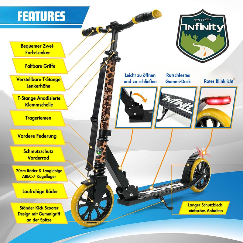 Schwarzer Roller mit gelben Akzenten, Details zu Griffen, Lenker, Federung und Rädern.