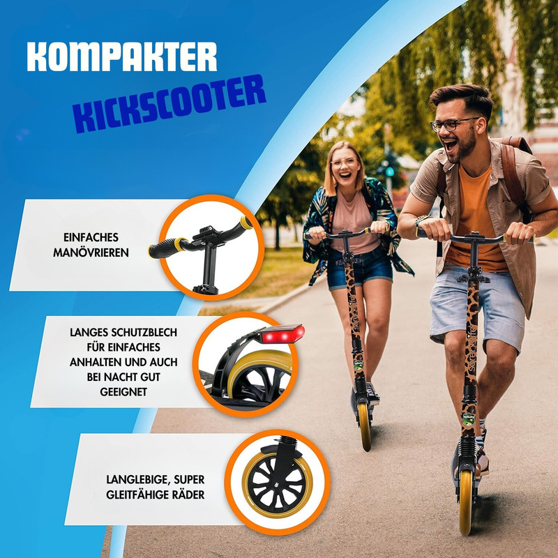 Ein Mann und eine Frau fahren Roller mit Leopardendruck. Details zeigen Lenker, Rücklicht und Rad.