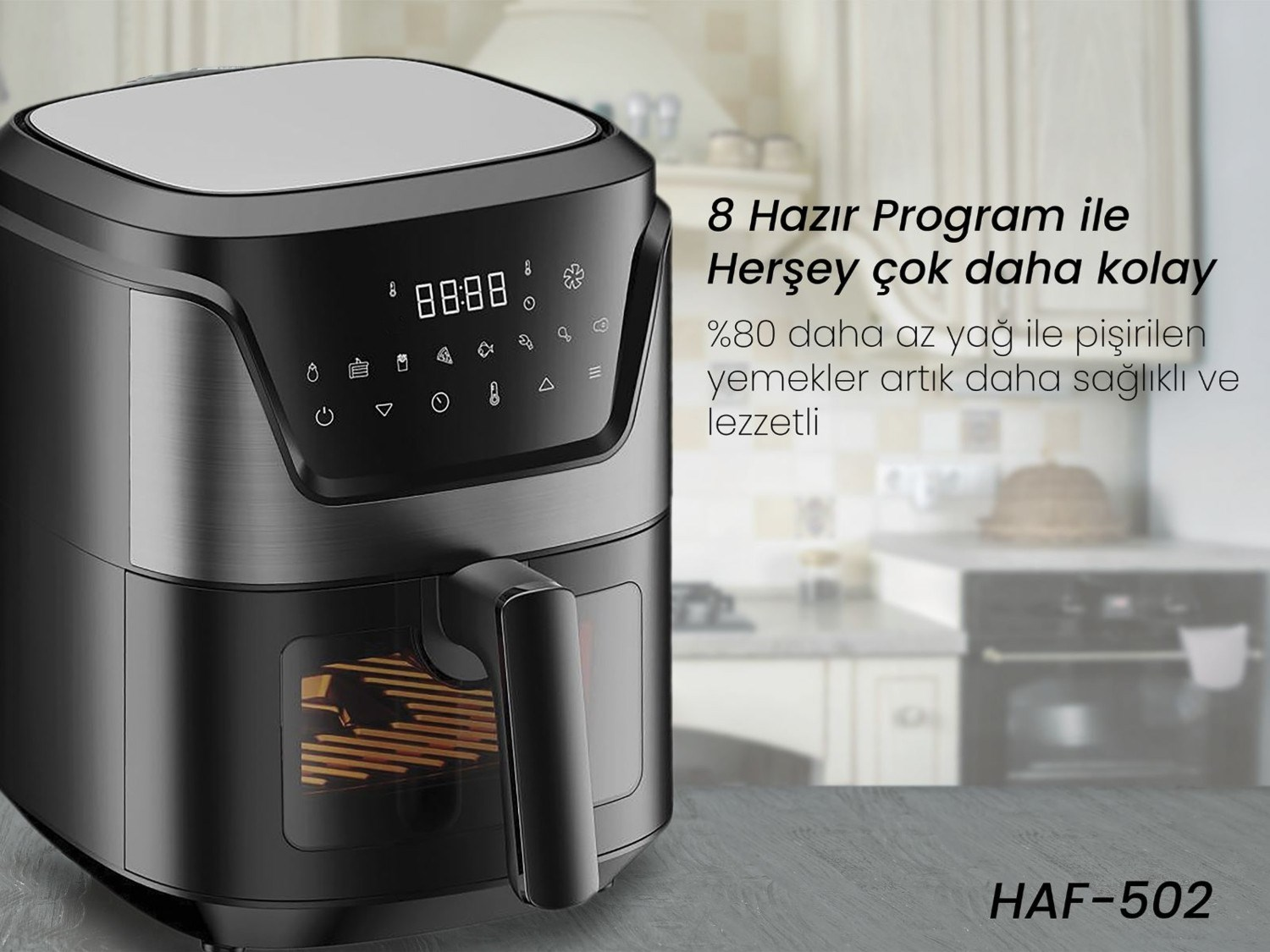 Dijital ekranlı ve pişirme programlı siyah hava fritözü. HAF-502.