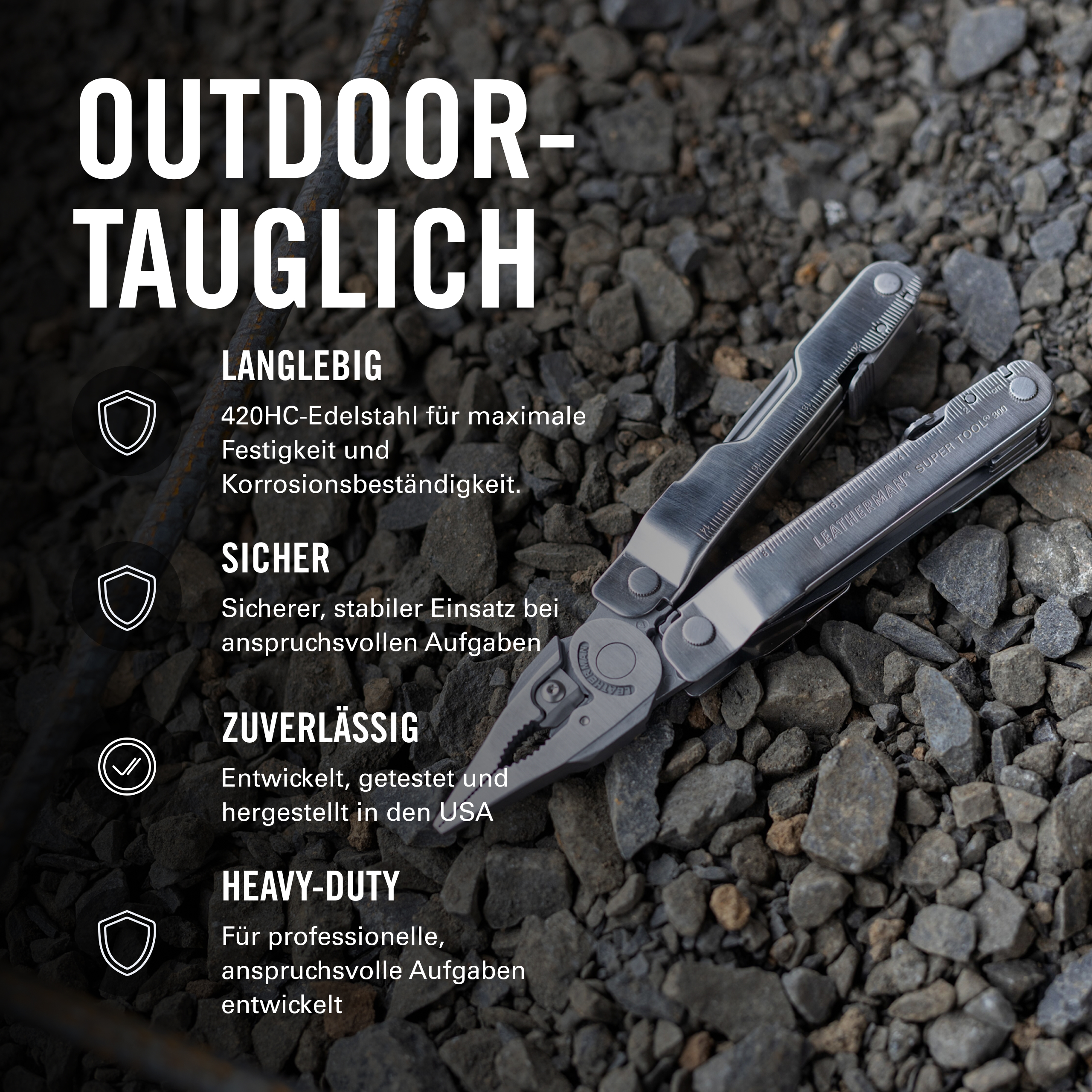 Ein Multitool liegt auf Steinen. Text über Langlebigkeit und Zuverlässigkeit.