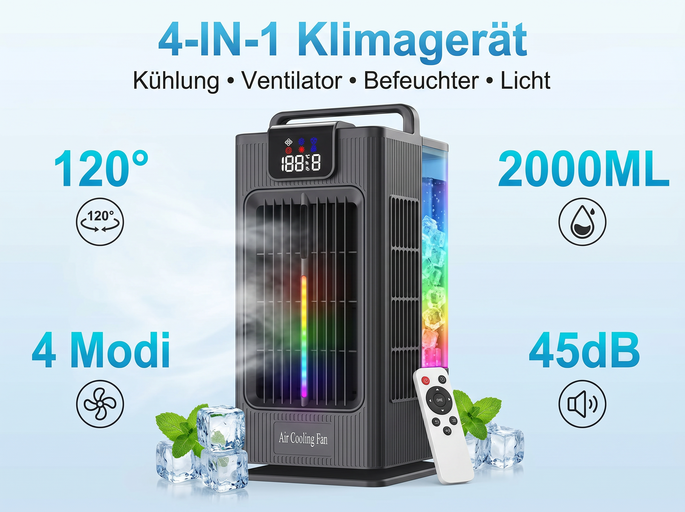 Ein 4-in-1-Klimagerät mit 120° Oszillation, 2000 ml Tank und 4 Modi.