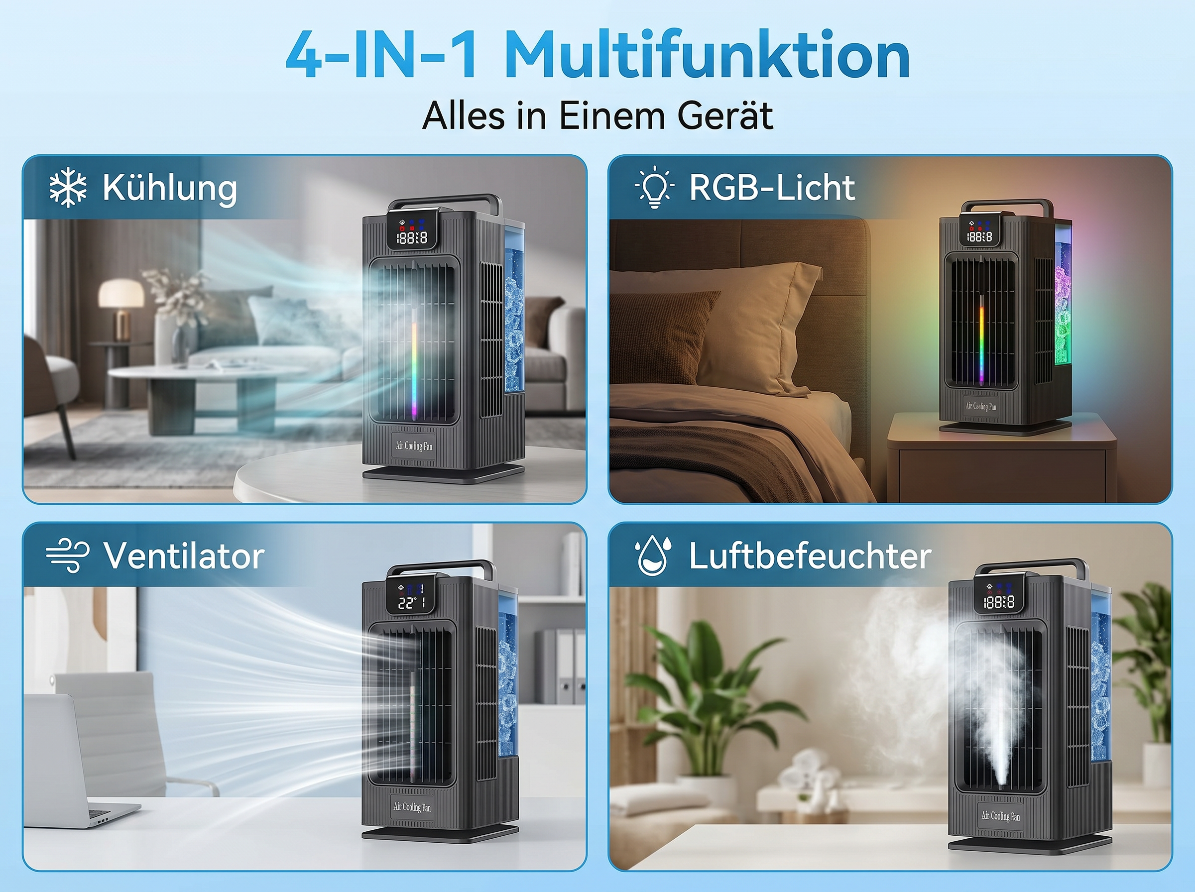 Ein 4-in-1 Multifunktionsgerät mit Kühlung, RGB-Licht, Ventilator und Luftbefeuchter.