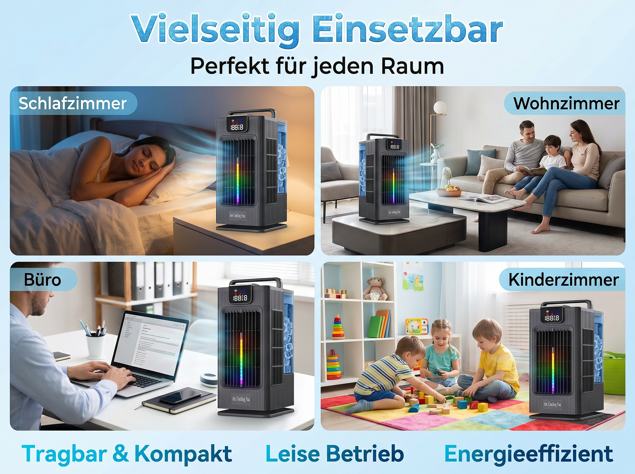 Vielseitiger Lufterfrischer in vier Räumen: Schlafzimmer, Wohnzimmer, Büro, Kinderzimmer.