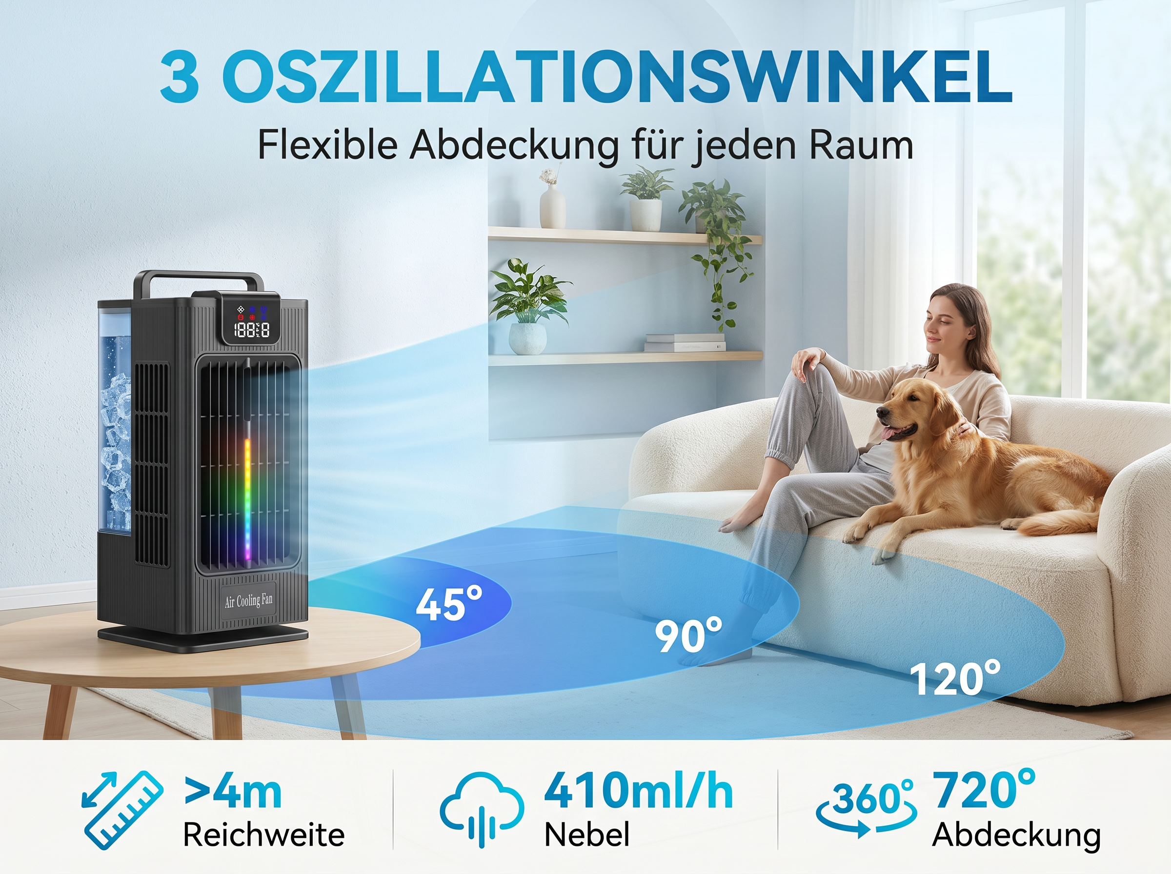 Ein Luftkühler mit bunter LED-Beleuchtung und Eisbehälter. Eine Frau mit Hund sitzt auf einem Sofa.