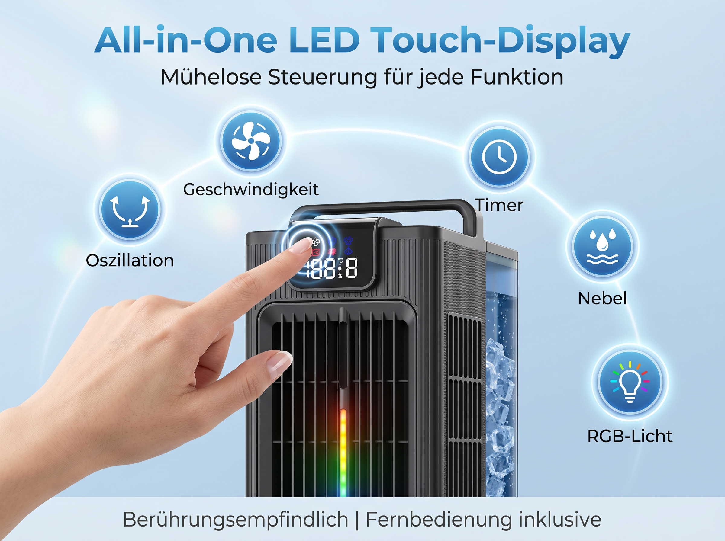 Ein Touchscreen-Luftkühler mit Funktionen wie Timer, Nebel und RGB-Licht.