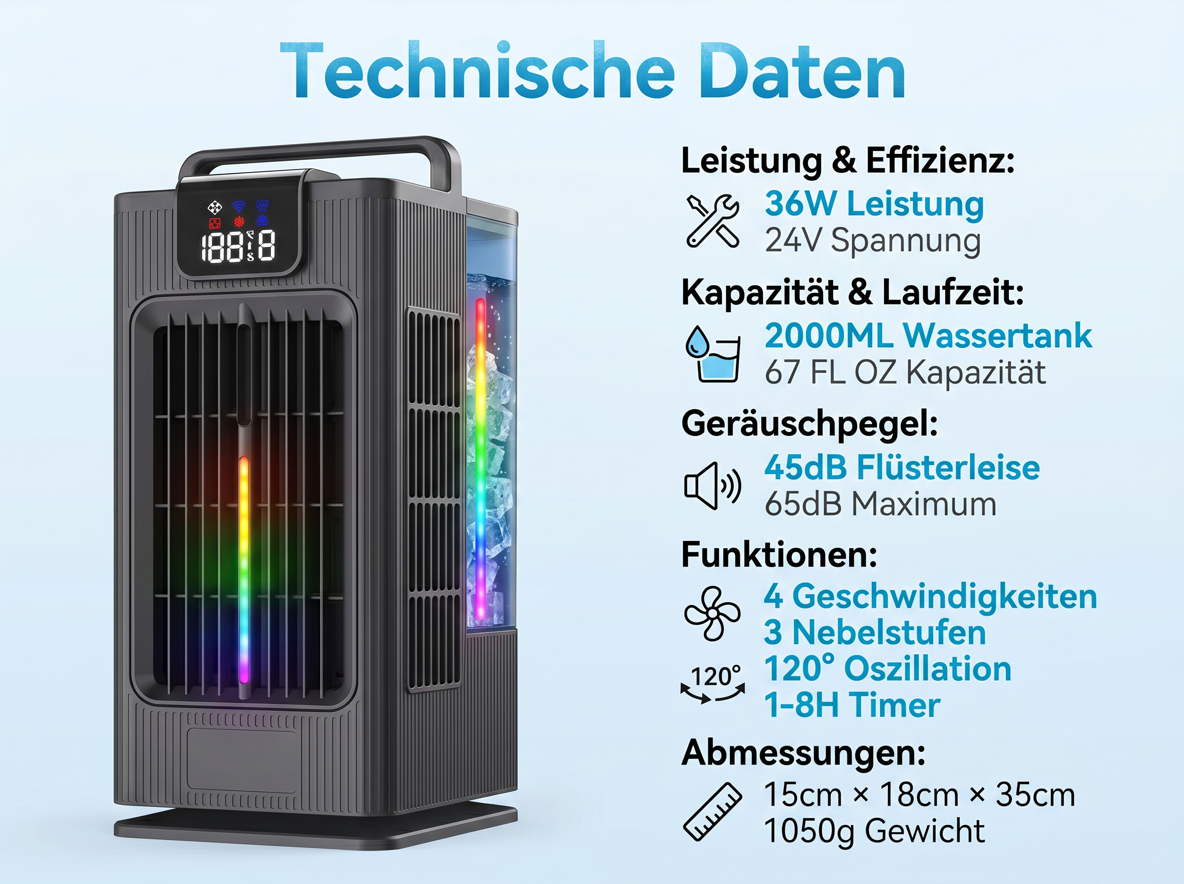 Ein schwarzer Luftkühler mit LED-Display und bunten Lichtern im Wassertank.