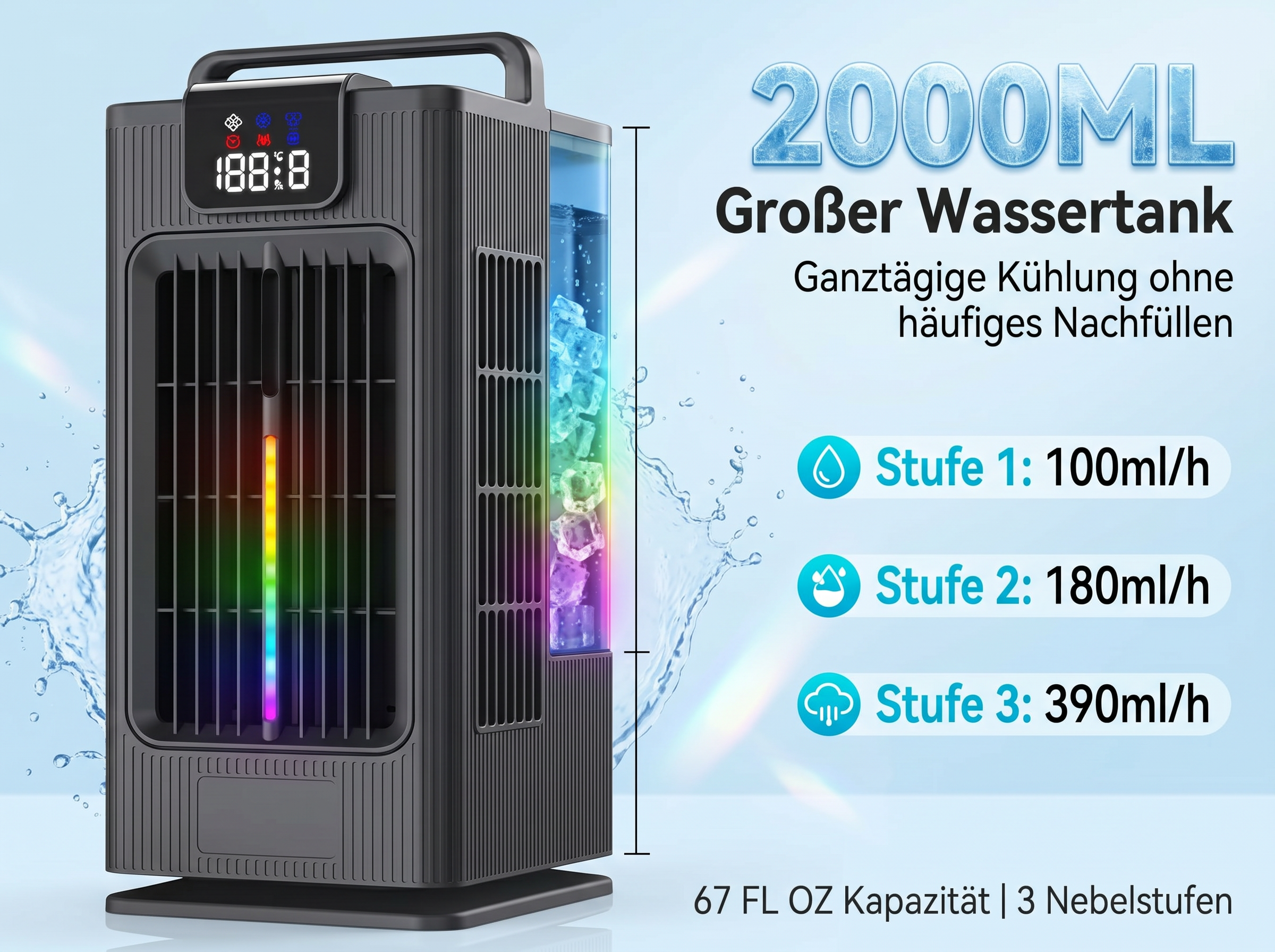 Ein dunkler Luftkühler mit 2000ml Wassertank und bunten LED-Lichtern.