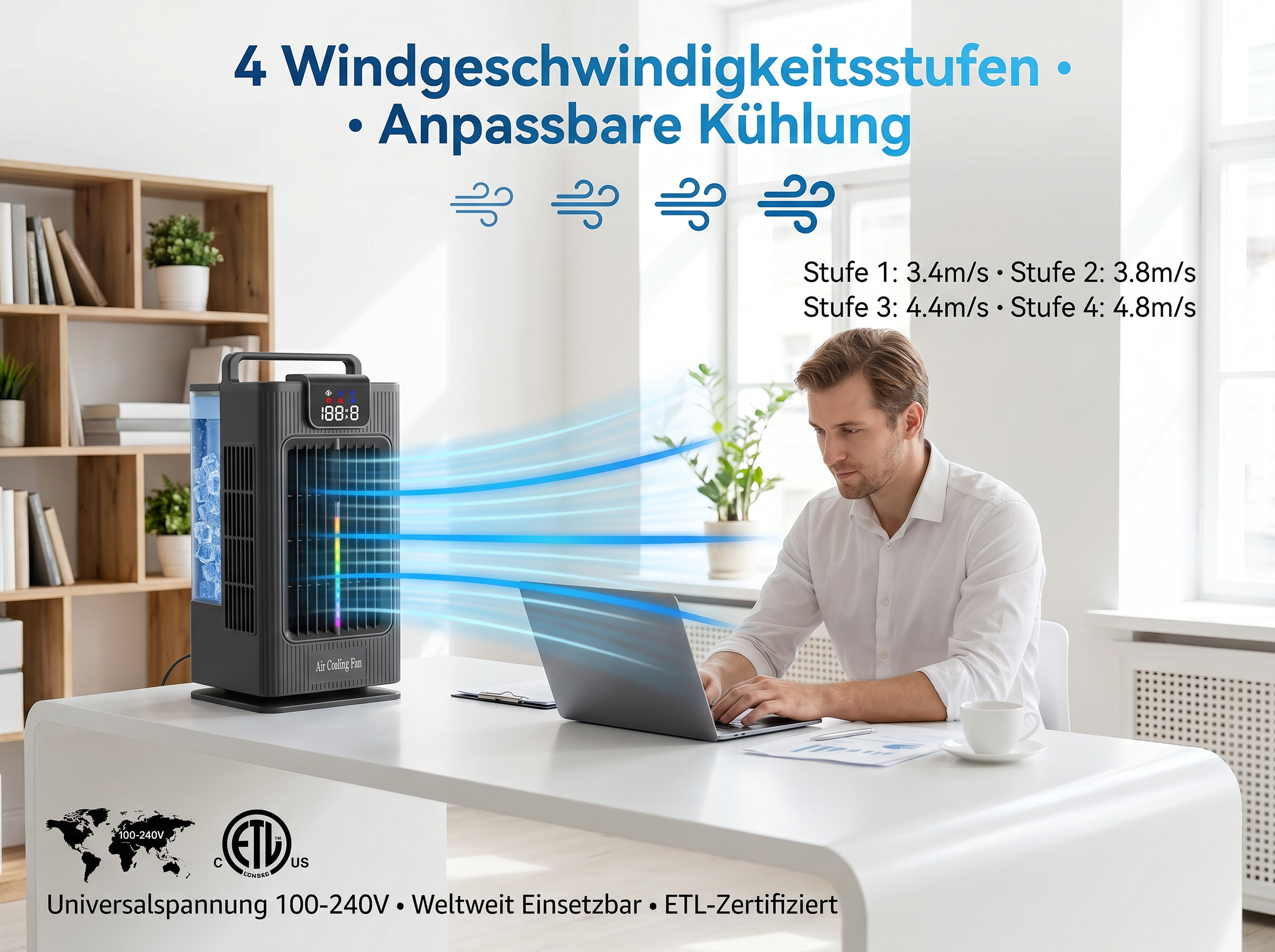 Ein Mann arbeitet am Laptop, ein Kühler steht daneben. Text: 4 Stufen, anpassbare Kühlung.